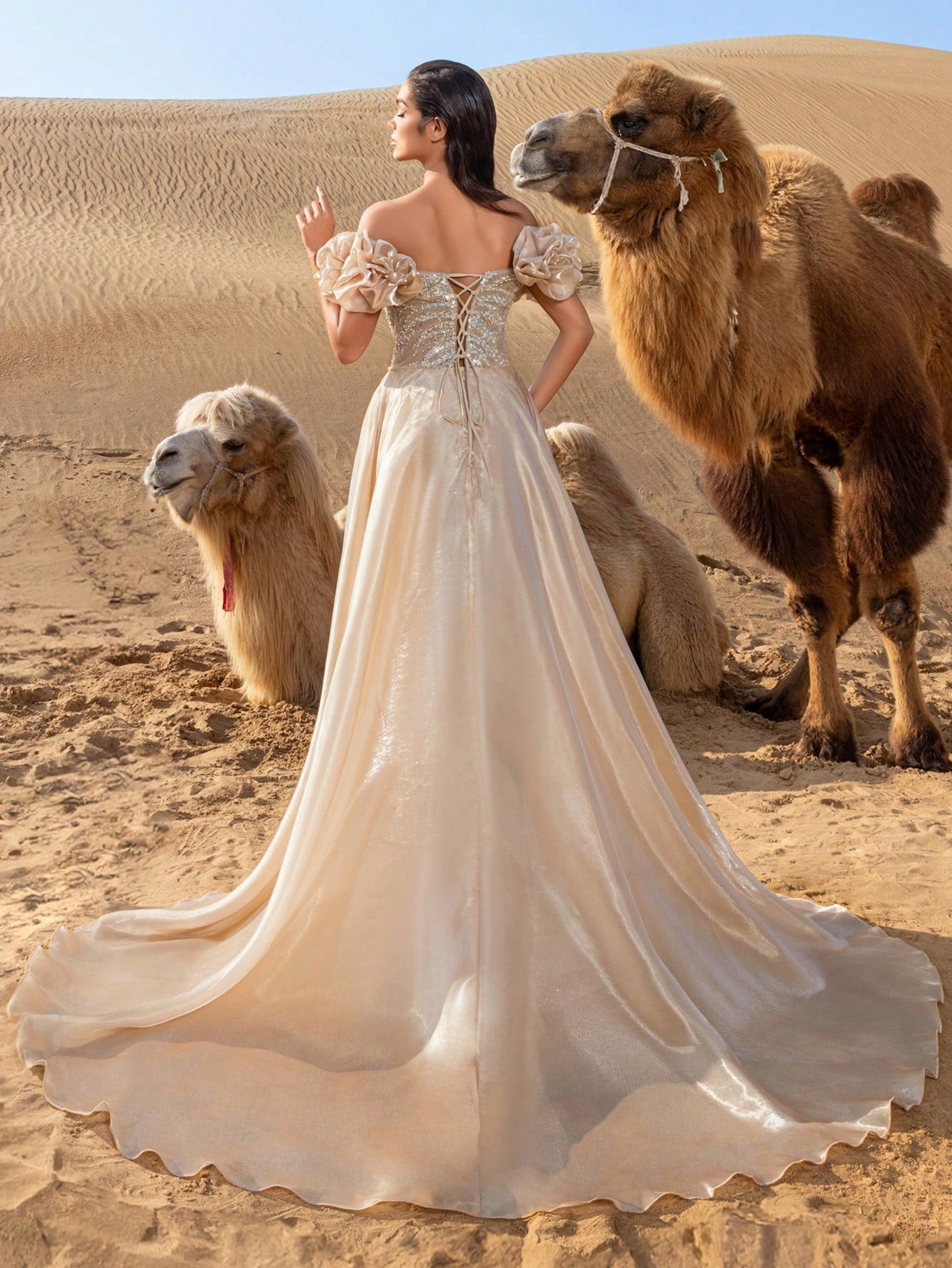 Gorgeous Off Shoulder Lace-up Back Satin Train Beaded Formal Dresses & Evening Gowns