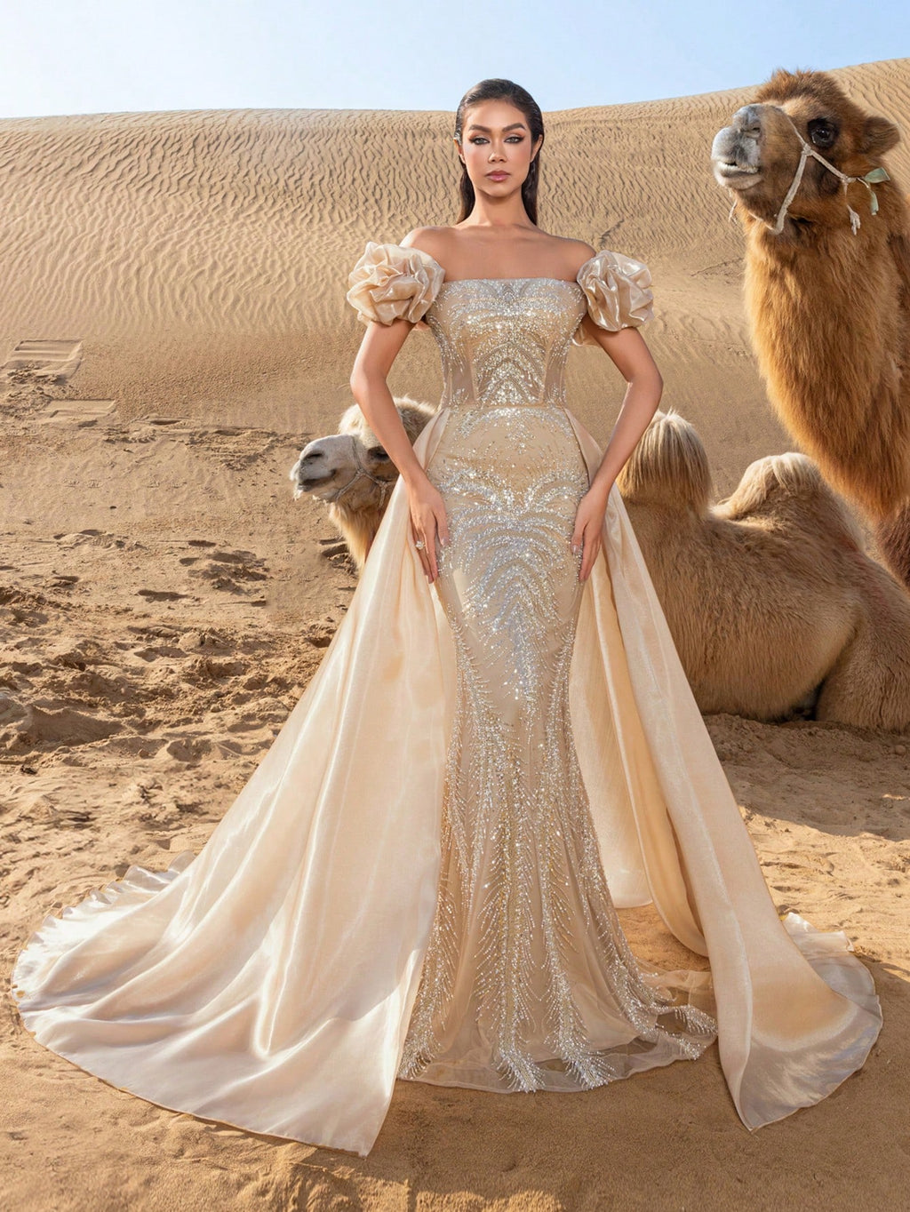 Gorgeous Off Shoulder Lace-up Back Satin Train Beaded Formal Dresses & Evening Gowns