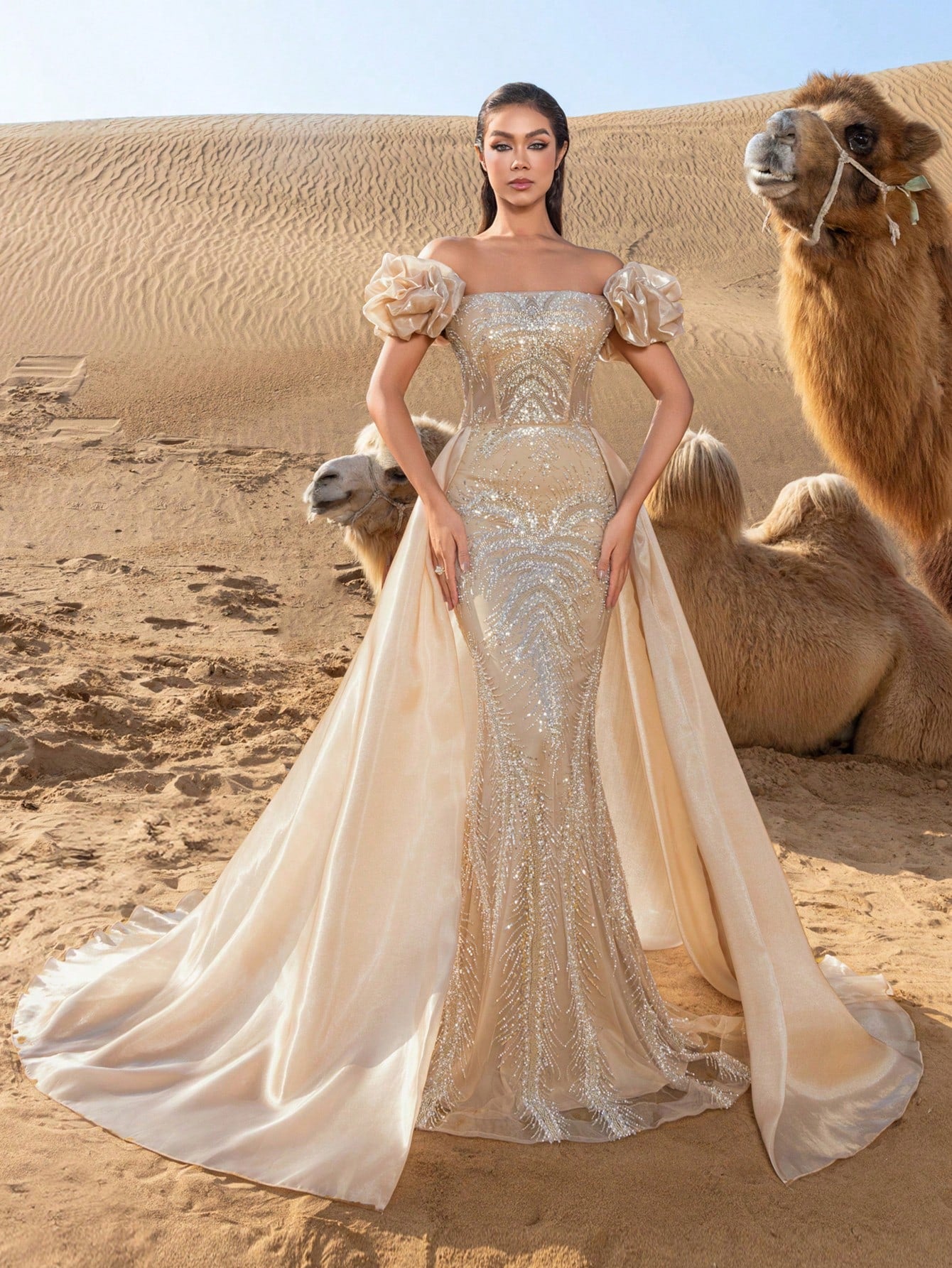 Gorgeous Off Shoulder Lace-up Back Satin Train Beaded Formal Dresses & Evening Gowns