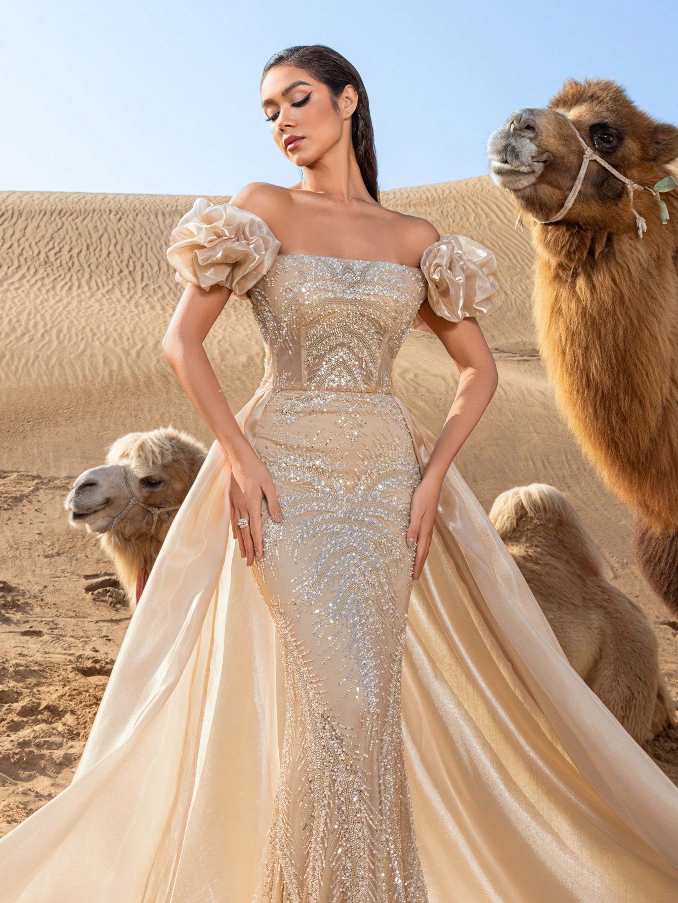 Gorgeous Off Shoulder Lace-up Back Satin Train Beaded Formal Dresses & Evening Gowns