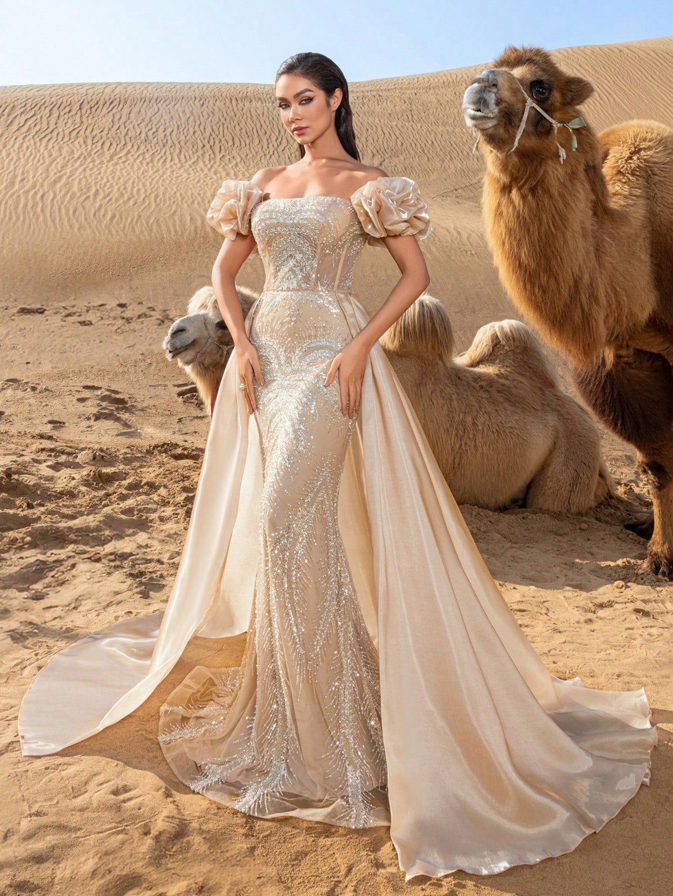 Gorgeous Off Shoulder Lace-up Back Satin Train Beaded Formal Dresses & Evening Gowns