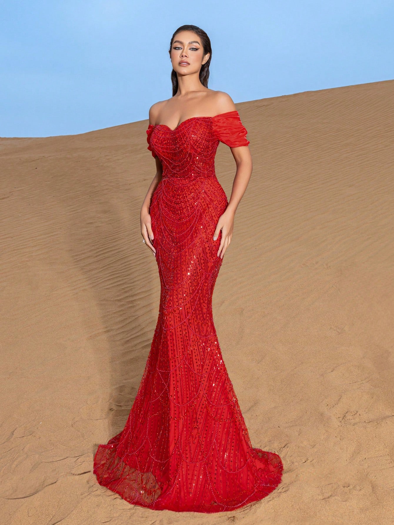 Luxurious Off-Shoulder Beaded Mermaid Evening Gown with Floor-Length Train