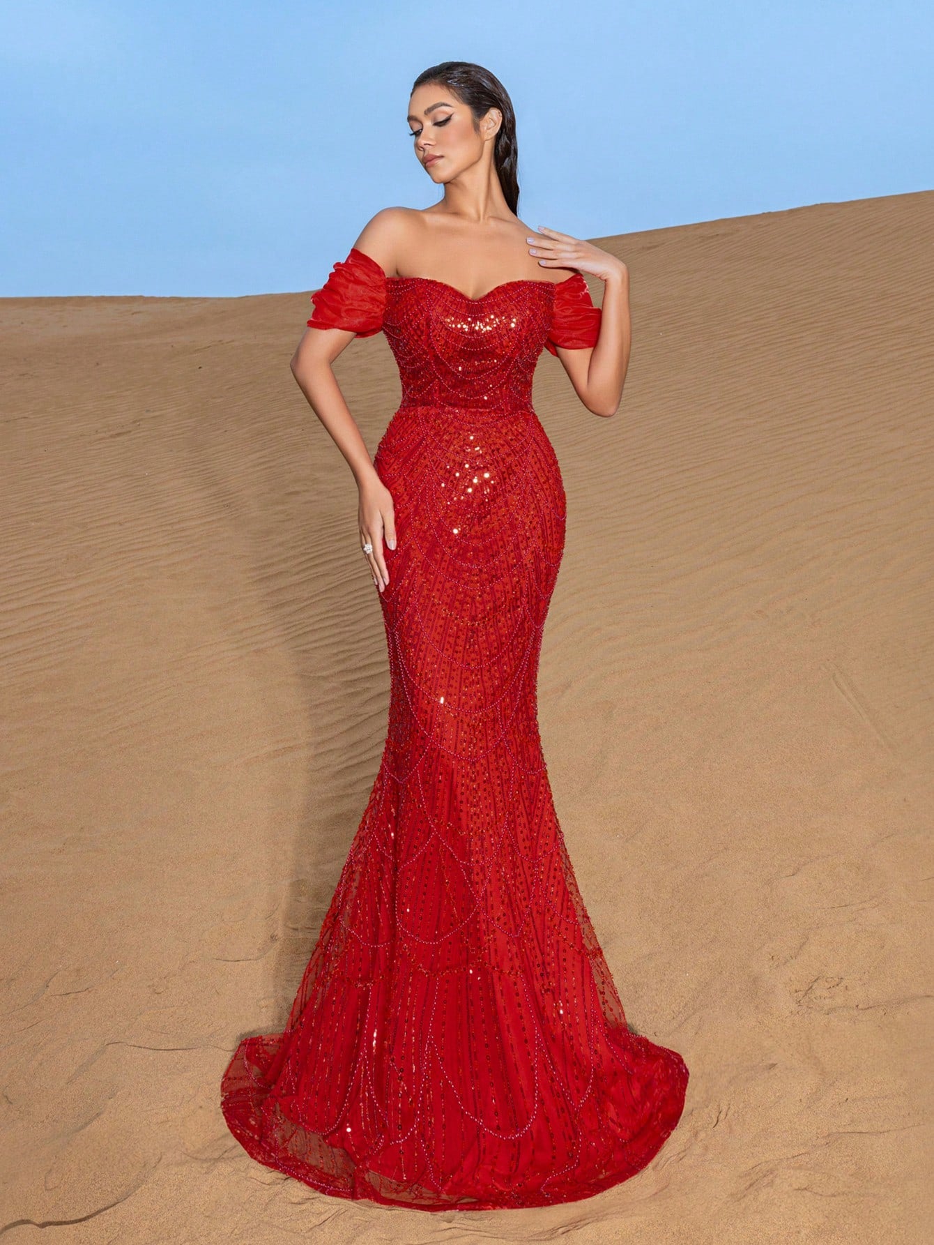 Luxurious Off-Shoulder Beaded Mermaid Evening Gown with Floor-Length Train