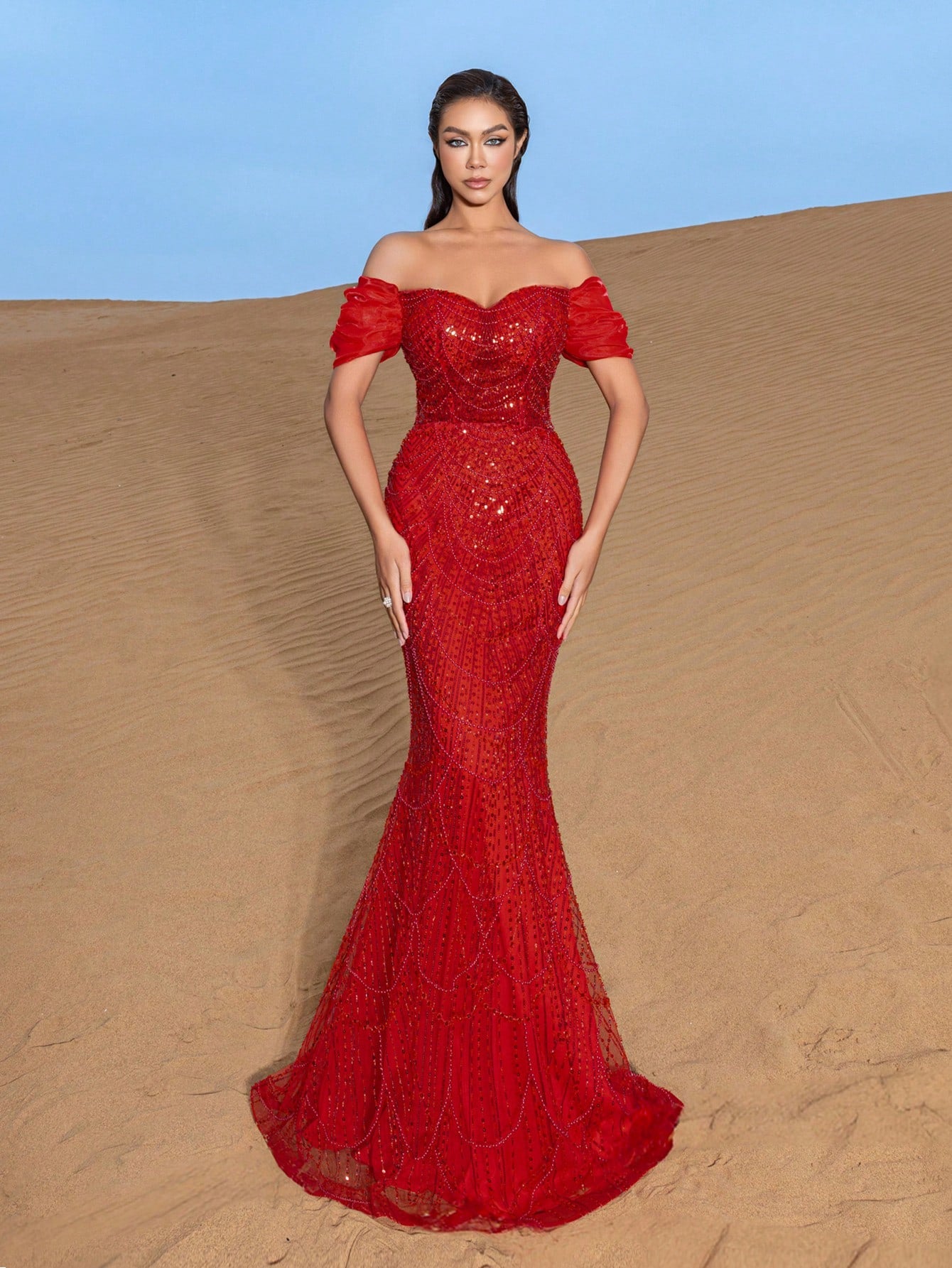 Luxurious Off-Shoulder Beaded Mermaid Evening Gown with Floor-Length Train