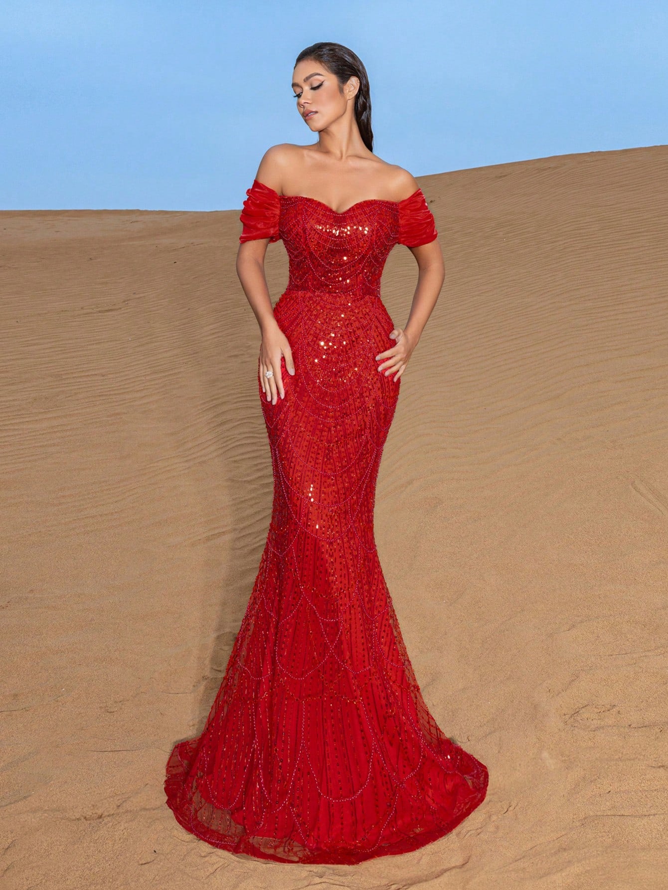 Luxurious Off-Shoulder Beaded Mermaid Evening Gown with Floor-Length Train