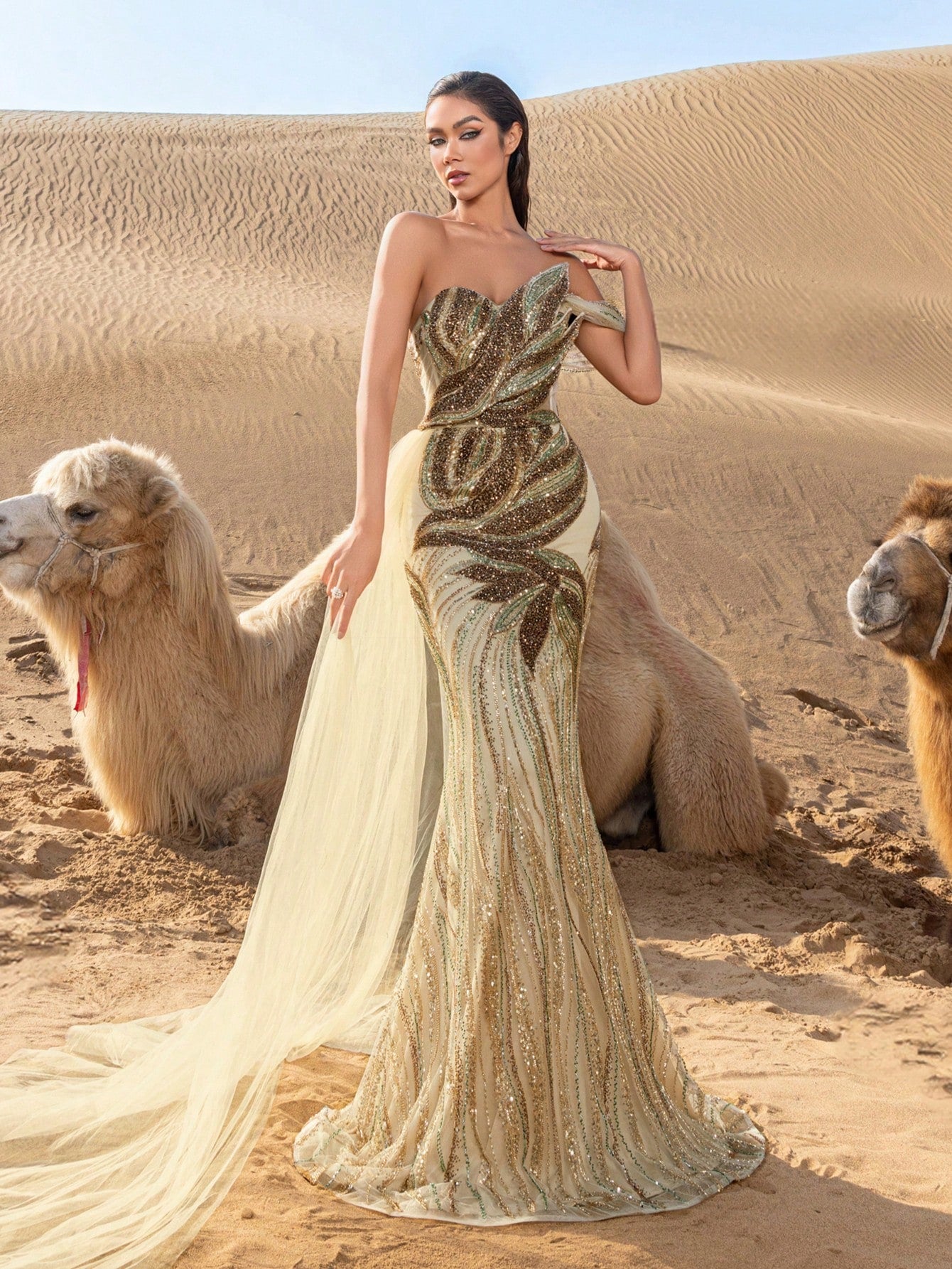 Gorgeous Strapless Draped Side Floral Beaded Formal Dresses & Evening Gowns