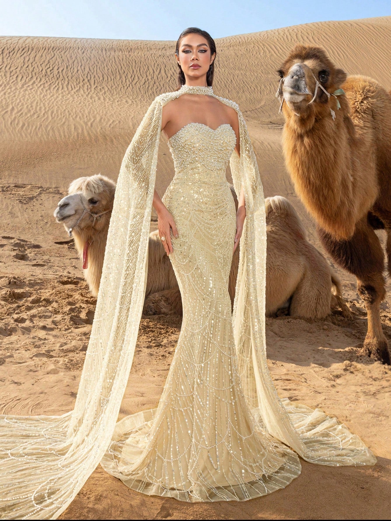 Luxury Pearl-Embellished Mermaid Evening Gowns: Sequin-Beaded Cape Design with Draped Side Cascading Train for Red Carpet Galas & Black-Tie Events