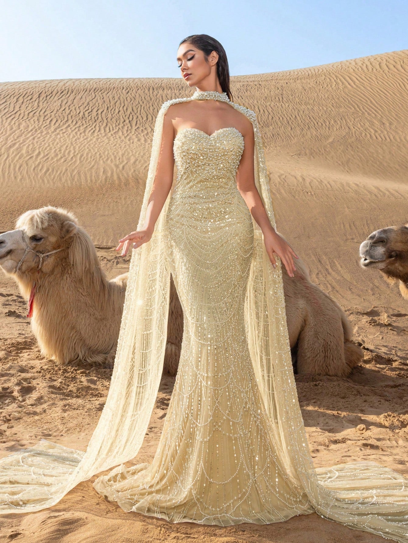 Luxury Pearl-Embellished Mermaid Evening Gowns: Sequin-Beaded Cape Design with Draped Side Cascading Train for Red Carpet Galas & Black-Tie Events