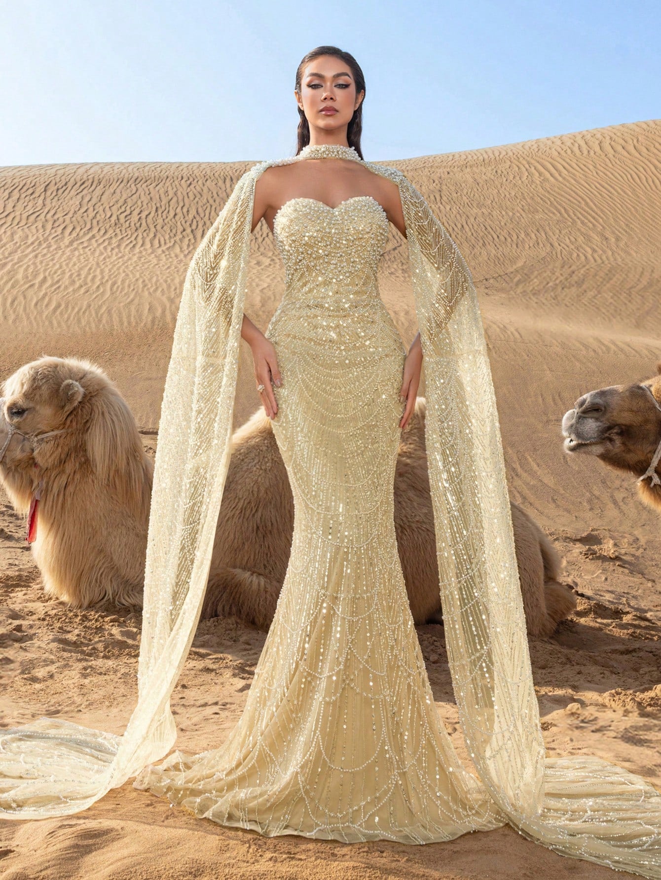 Luxury Pearl-Embellished Mermaid Evening Gowns: Sequin-Beaded Cape Design with Draped Side Cascading Train for Red Carpet Galas & Black-Tie Events