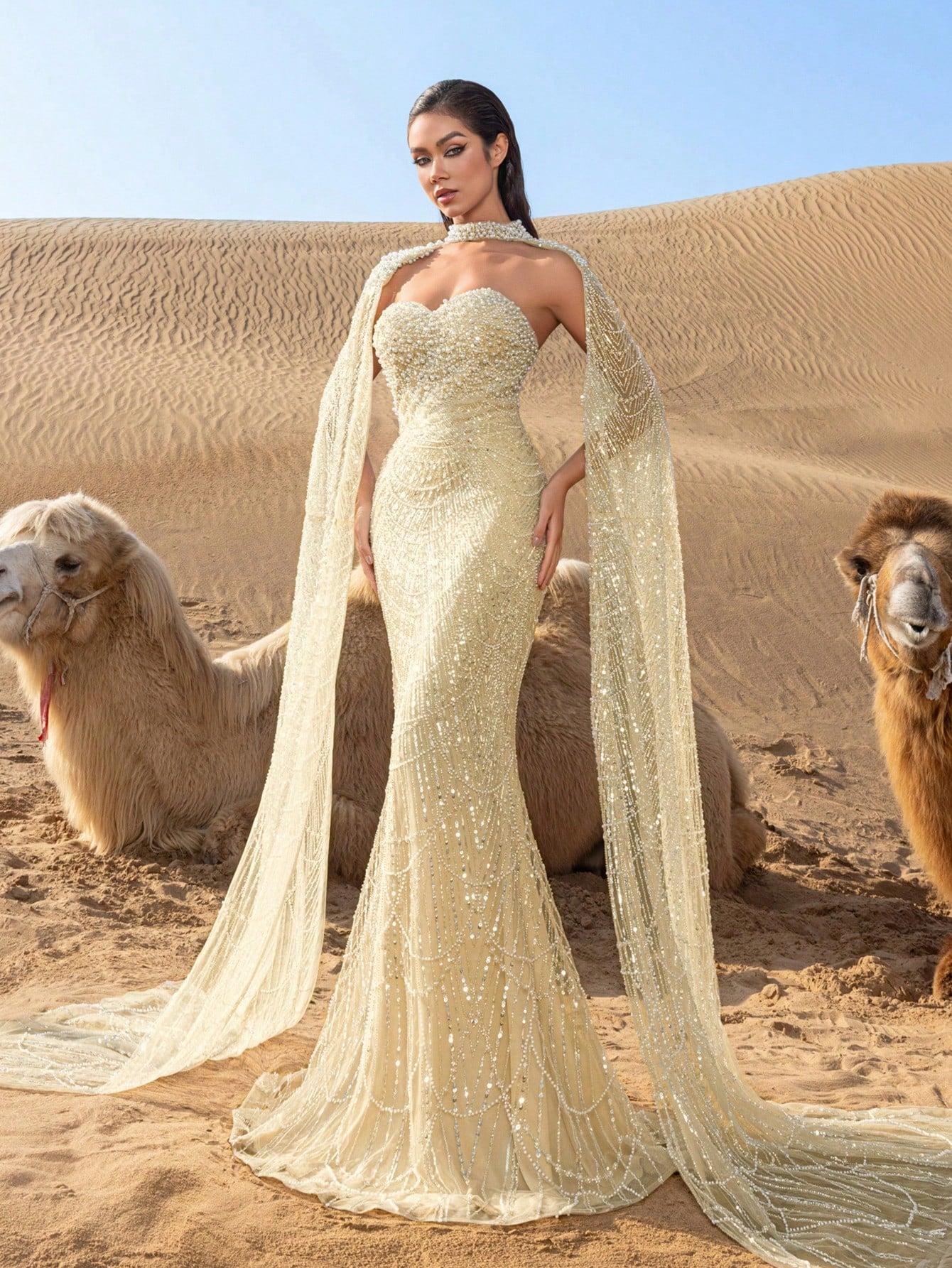 Luxury Pearl-Embellished Mermaid Evening Gowns: Sequin-Beaded Cape Design with Draped Side Cascading Train for Red Carpet Galas & Black-Tie Events
