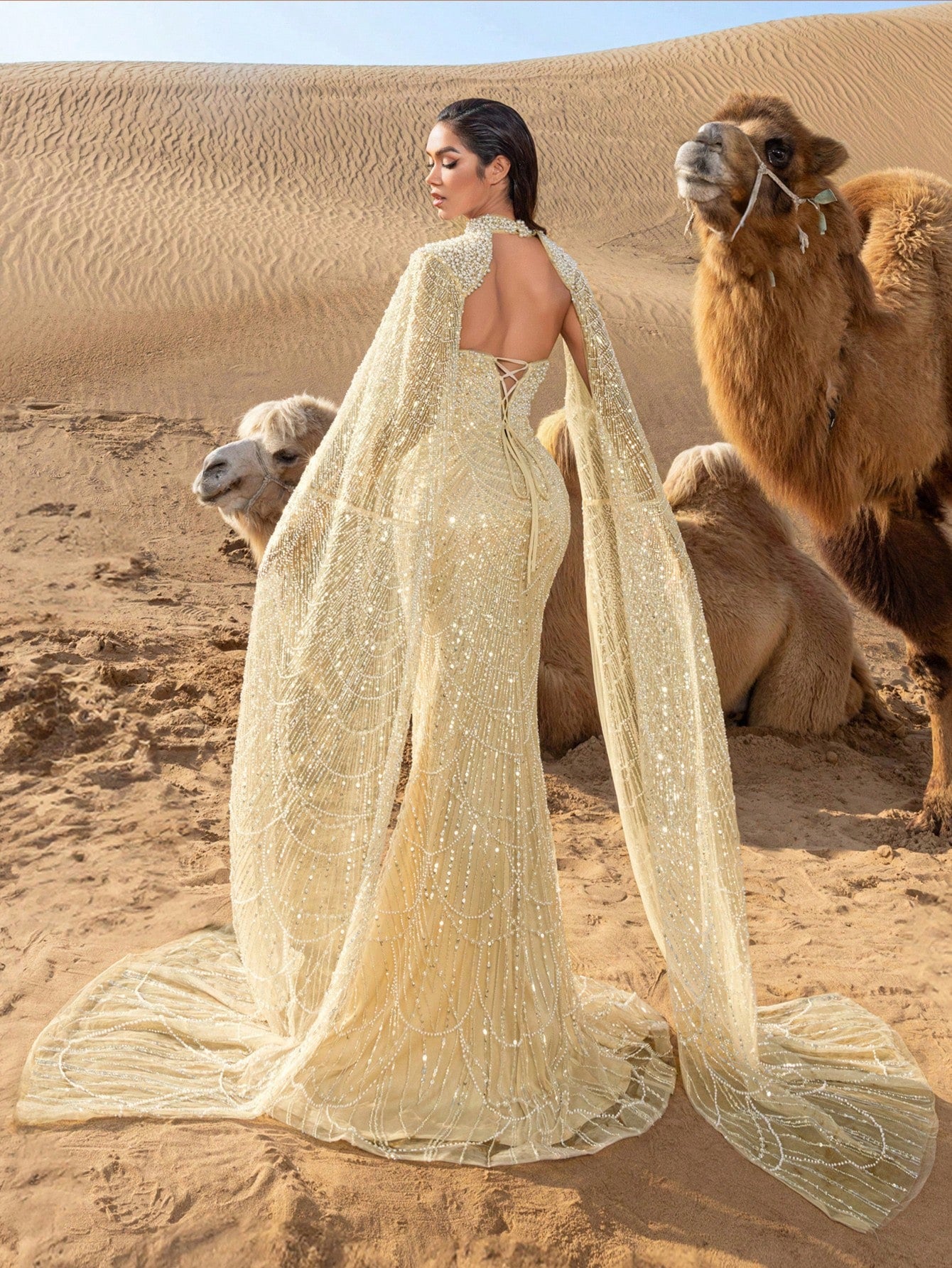 Luxury Pearl-Embellished Mermaid Evening Gowns: Sequin-Beaded Cape Design with Draped Side Cascading Train for Red Carpet Galas & Black-Tie Events