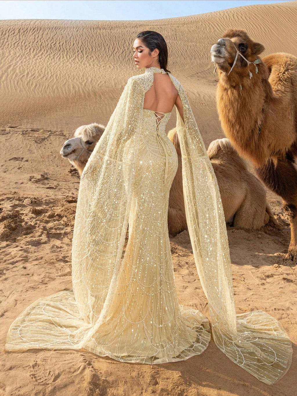 Luxury Pearl-Embellished Mermaid Evening Gowns: Sequin-Beaded Cape Design with Draped Side Cascading Train for Red Carpet Galas & Black-Tie Events