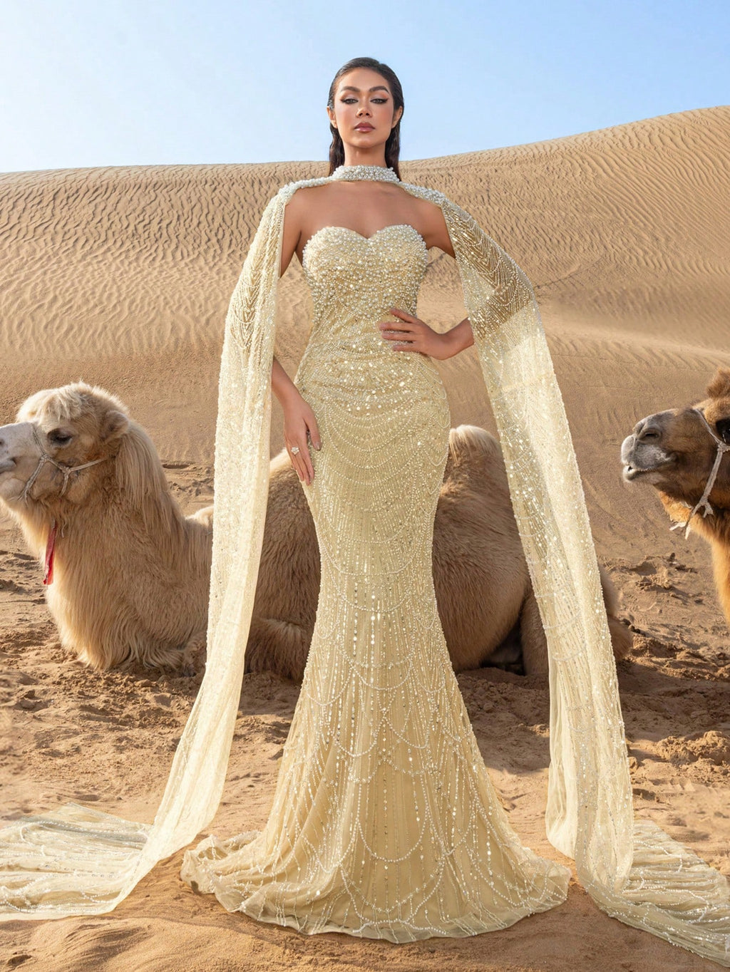 Luxury Pearl-Embellished Mermaid Evening Gowns: Sequin-Beaded Cape Design with Draped Side Cascading Train for Red Carpet Galas & Black-Tie Events