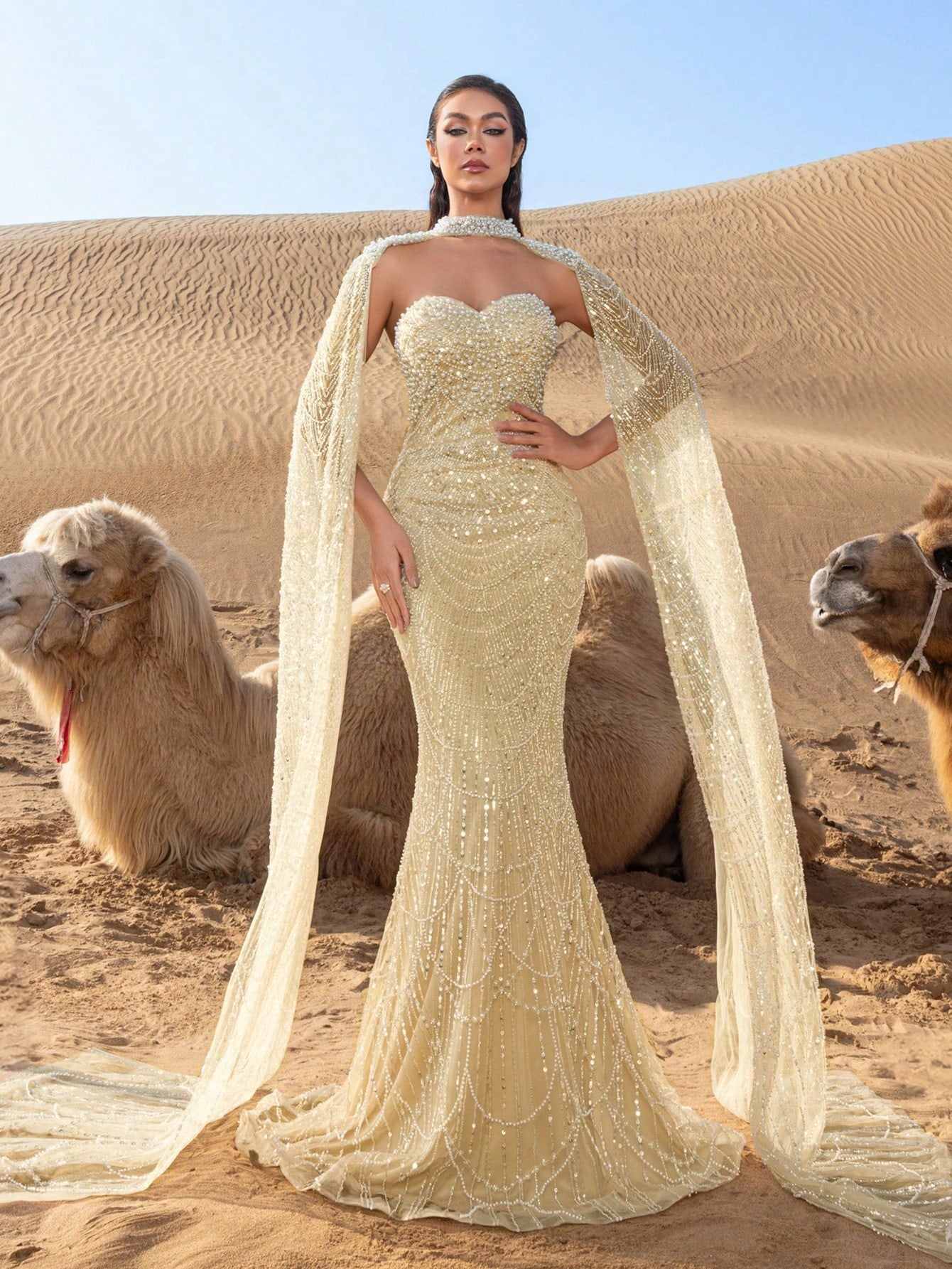 Luxury Pearl-Embellished Mermaid Evening Gowns: Sequin-Beaded Cape Design with Draped Side Cascading Train for Red Carpet Galas & Black-Tie Events