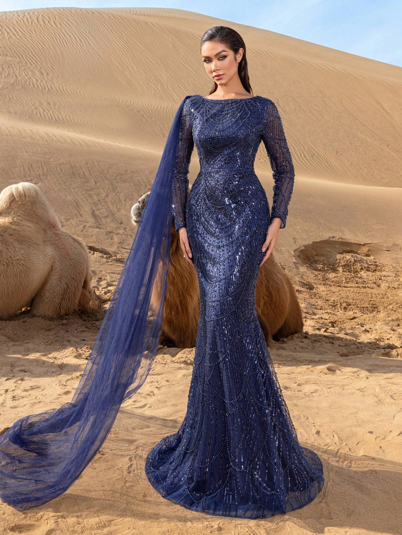 Gorgeou Sheer Sleeves Draped Side Mermaid Hem Beaded Formal Dresses & Evening Gowns