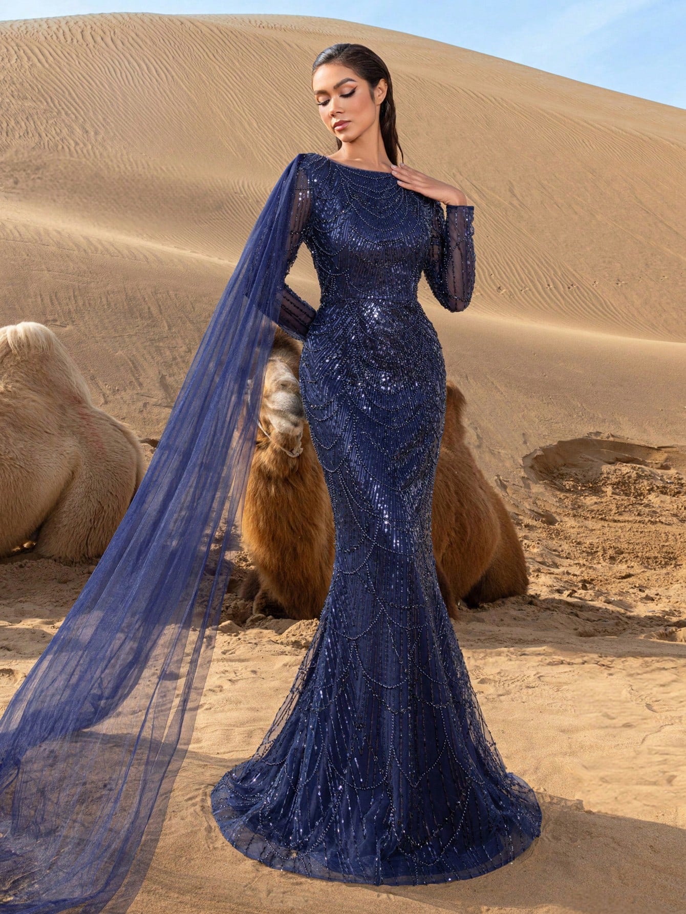 Gorgeou Sheer Sleeves Draped Side Mermaid Hem Beaded Formal Dresses & Evening Gowns