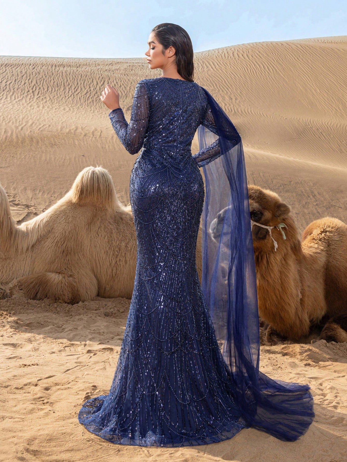 Gorgeou Sheer Sleeves Draped Side Mermaid Hem Beaded Formal Dresses & Evening Gowns