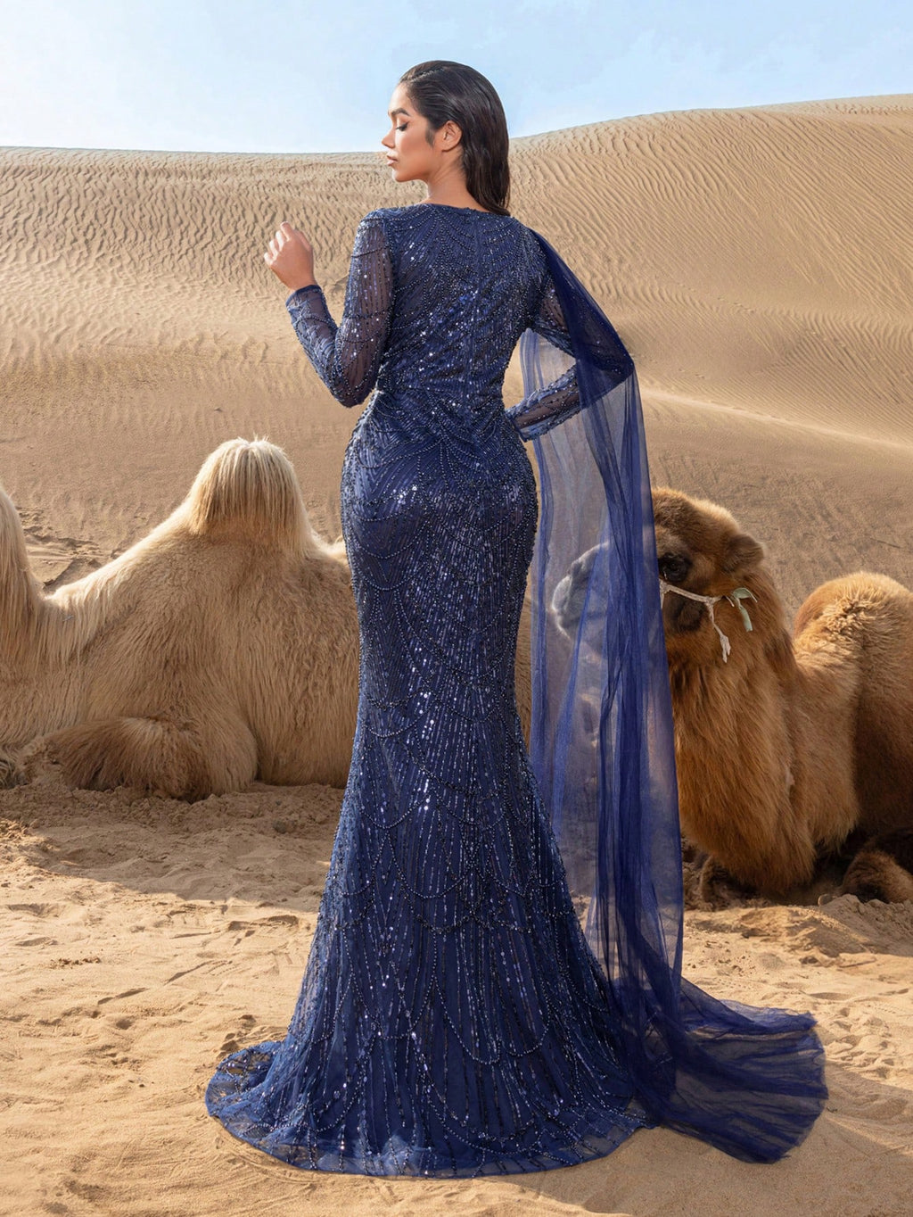 Gorgeou Sheer Sleeves Draped Side Mermaid Hem Beaded Formal Dresses & Evening Gowns