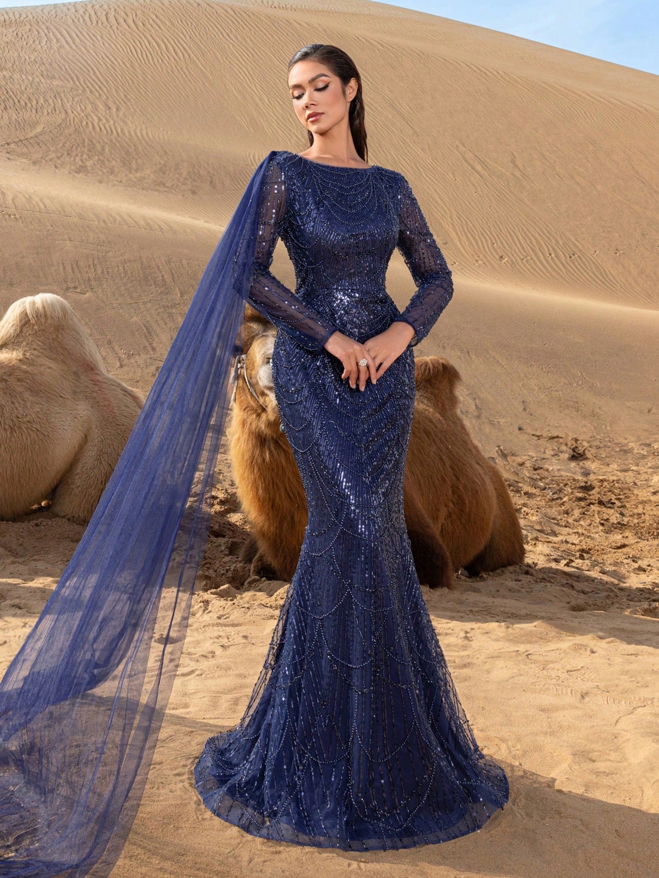 Gorgeou Sheer Sleeves Draped Side Mermaid Hem Beaded Formal Dresses & Evening Gowns