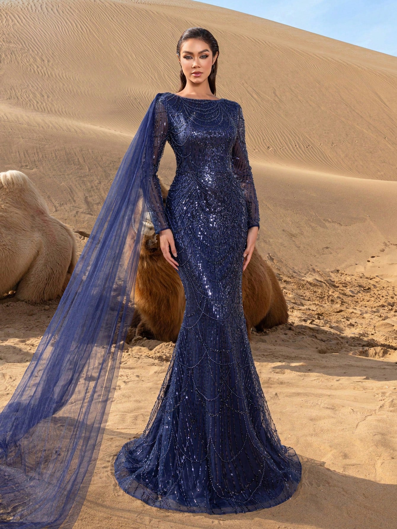 Gorgeou Sheer Sleeves Draped Side Mermaid Hem Beaded Formal Dresses & Evening Gowns