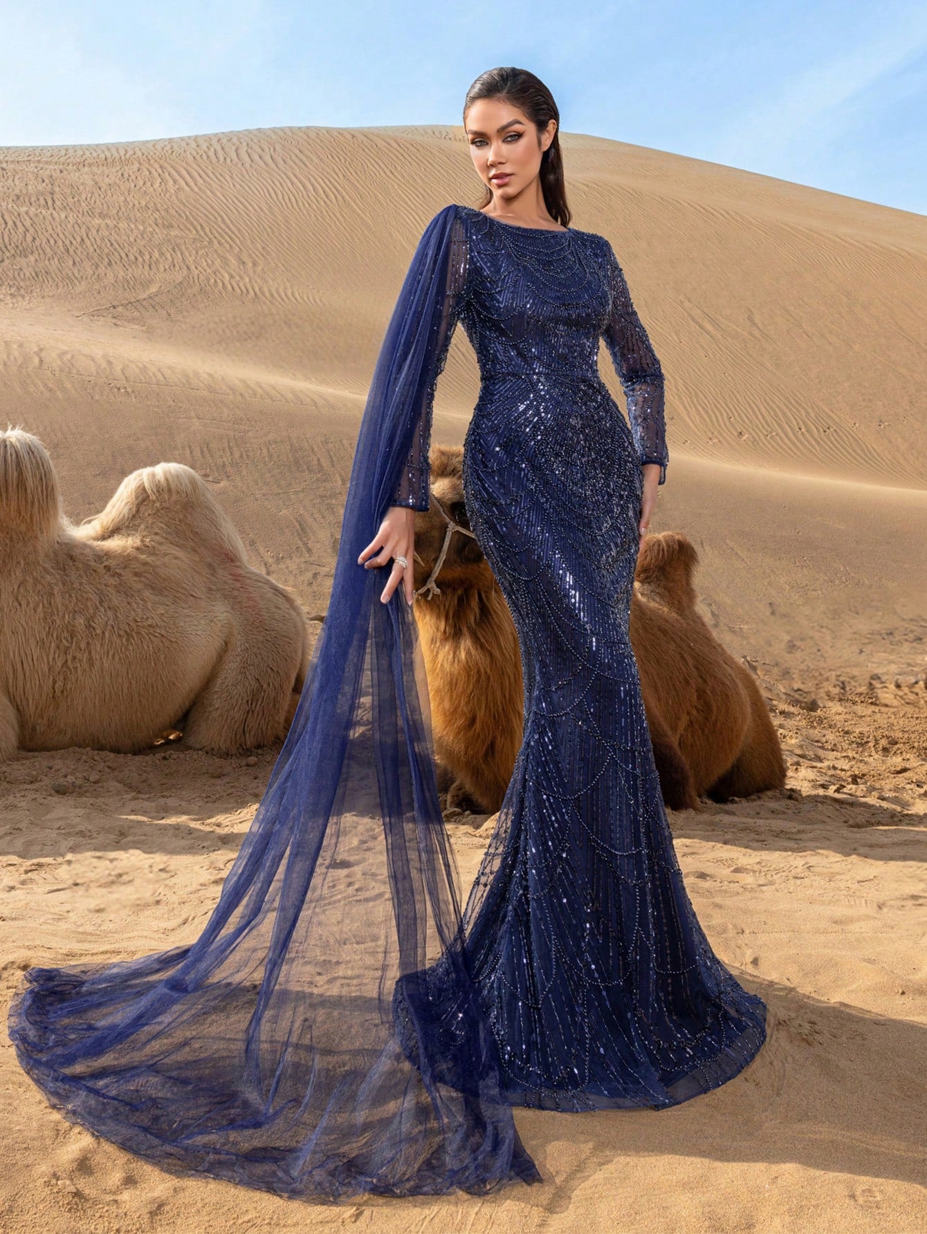 Gorgeou Sheer Sleeves Draped Side Mermaid Hem Beaded Formal Dresses & Evening Gowns