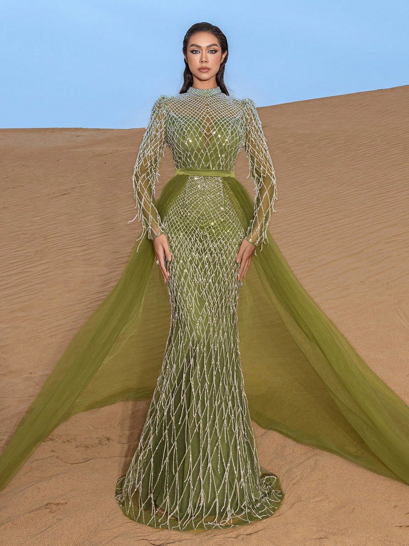 Gorgeous Fringed Detail Mock Neck Mesh Overlay Beaded Formal Dresses & Evening Gowns