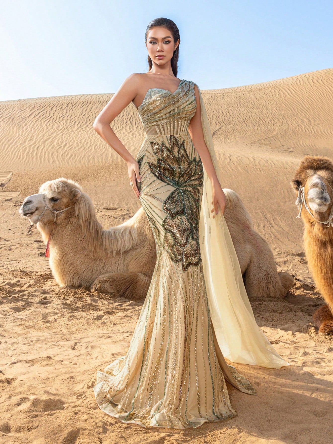 Elegant One-Shoulder Sequined Evening Gown with Flowing Side Drape, Adjustable Back Tie Closure, High Slit & Mermaid Hem Train
