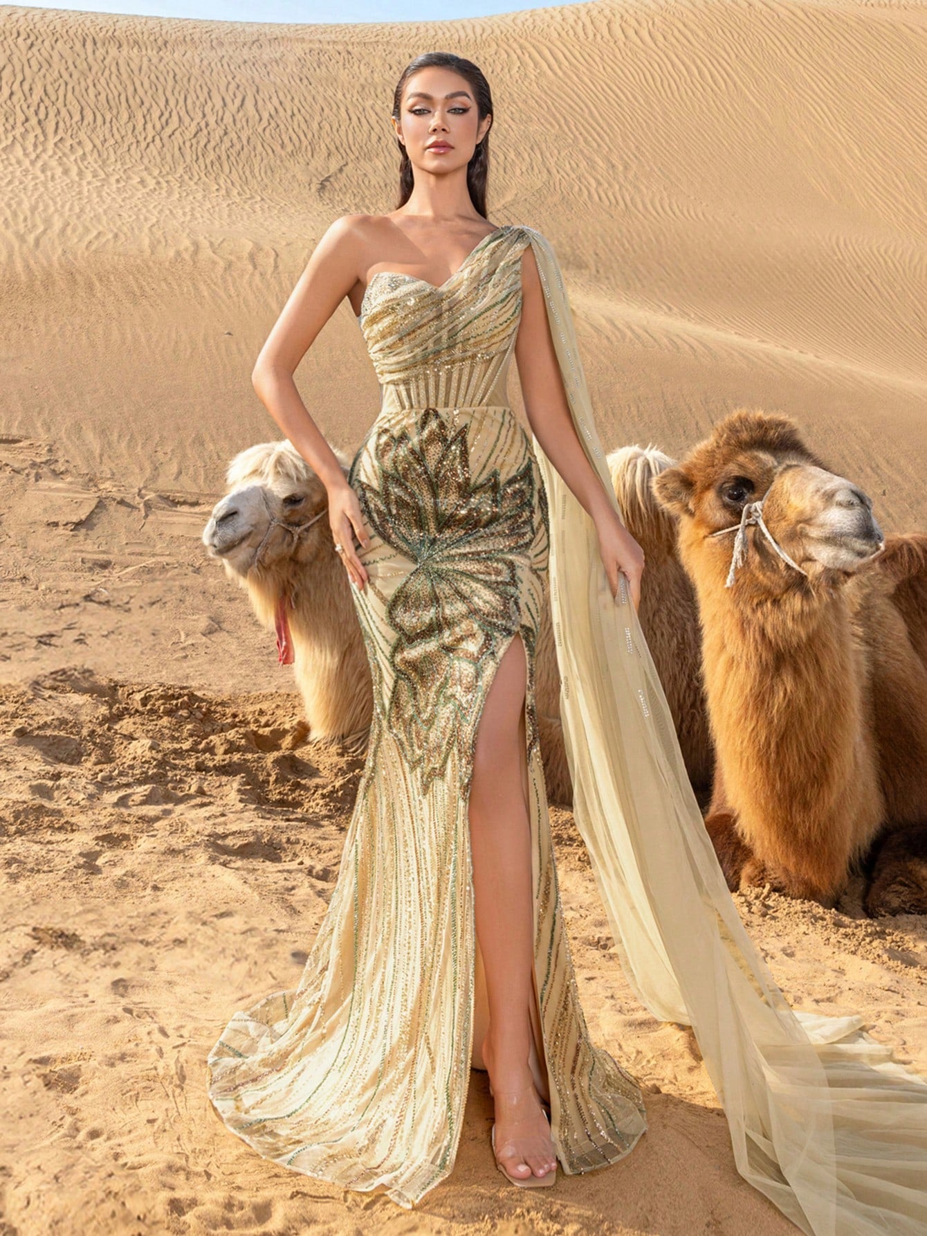 Elegant One-Shoulder Sequined Evening Gown with Flowing Side Drape, Adjustable Back Tie Closure, High Slit & Mermaid Hem Train