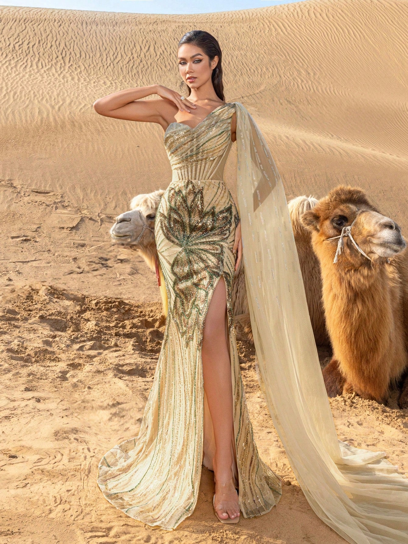 Elegant One-Shoulder Sequined Evening Gown with Flowing Side Drape, Adjustable Back Tie Closure, High Slit & Mermaid Hem Train