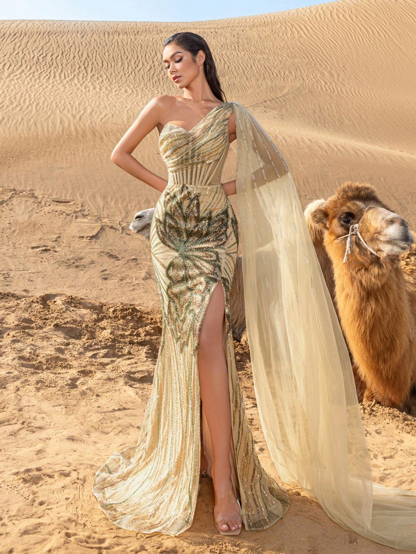 Elegant One-Shoulder Sequined Evening Gown with Flowing Side Drape, Adjustable Back Tie Closure, High Slit & Mermaid Hem Train