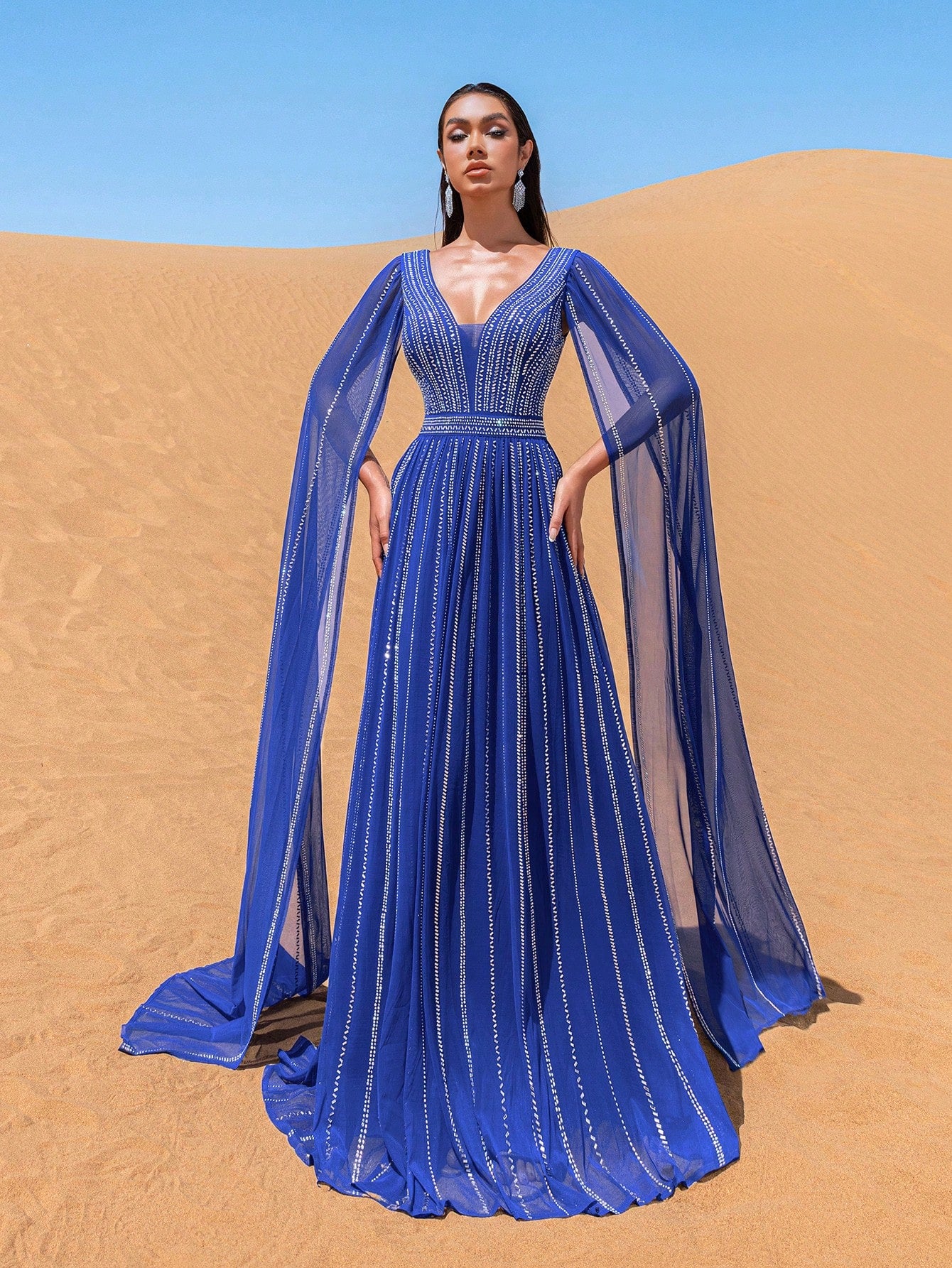 Elegant Glamorous Rhinestone Detail Plunging Neck Extra