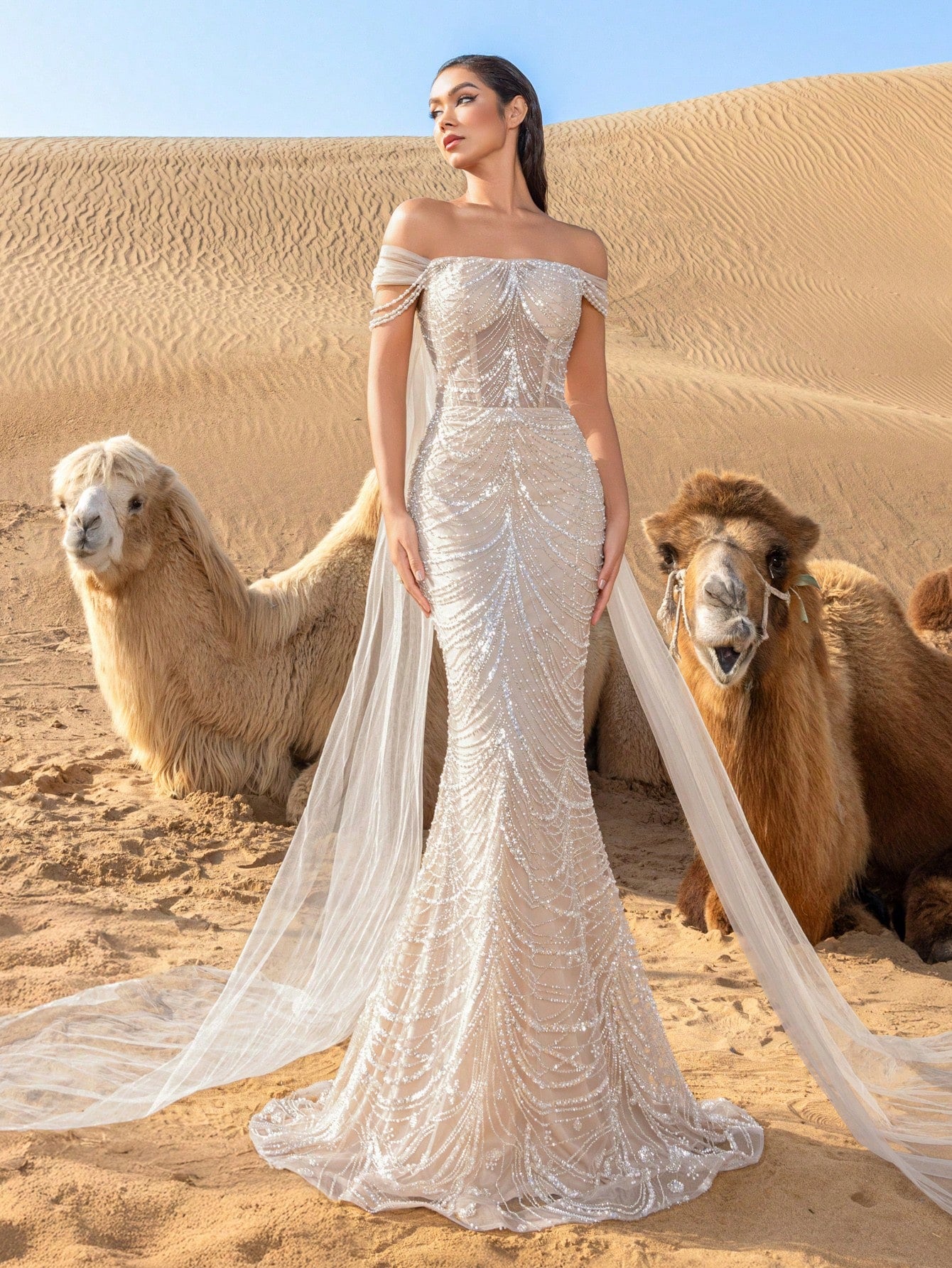 Luxury Off Shoulder Mermaid Hem Beaded Formal Dress & Evening Gown