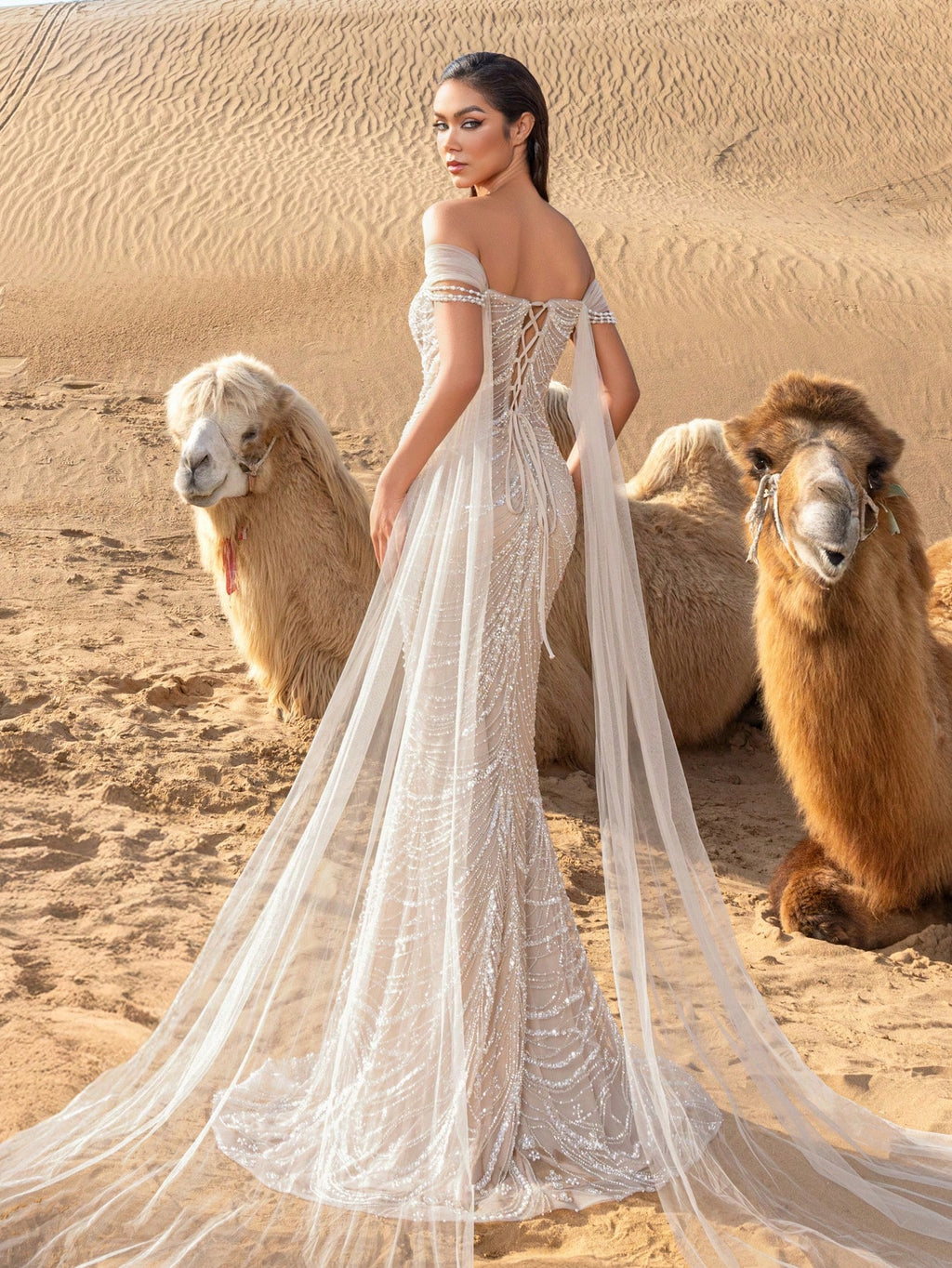 Luxury Off Shoulder Mermaid Hem Beaded Formal Dress & Evening Gown
