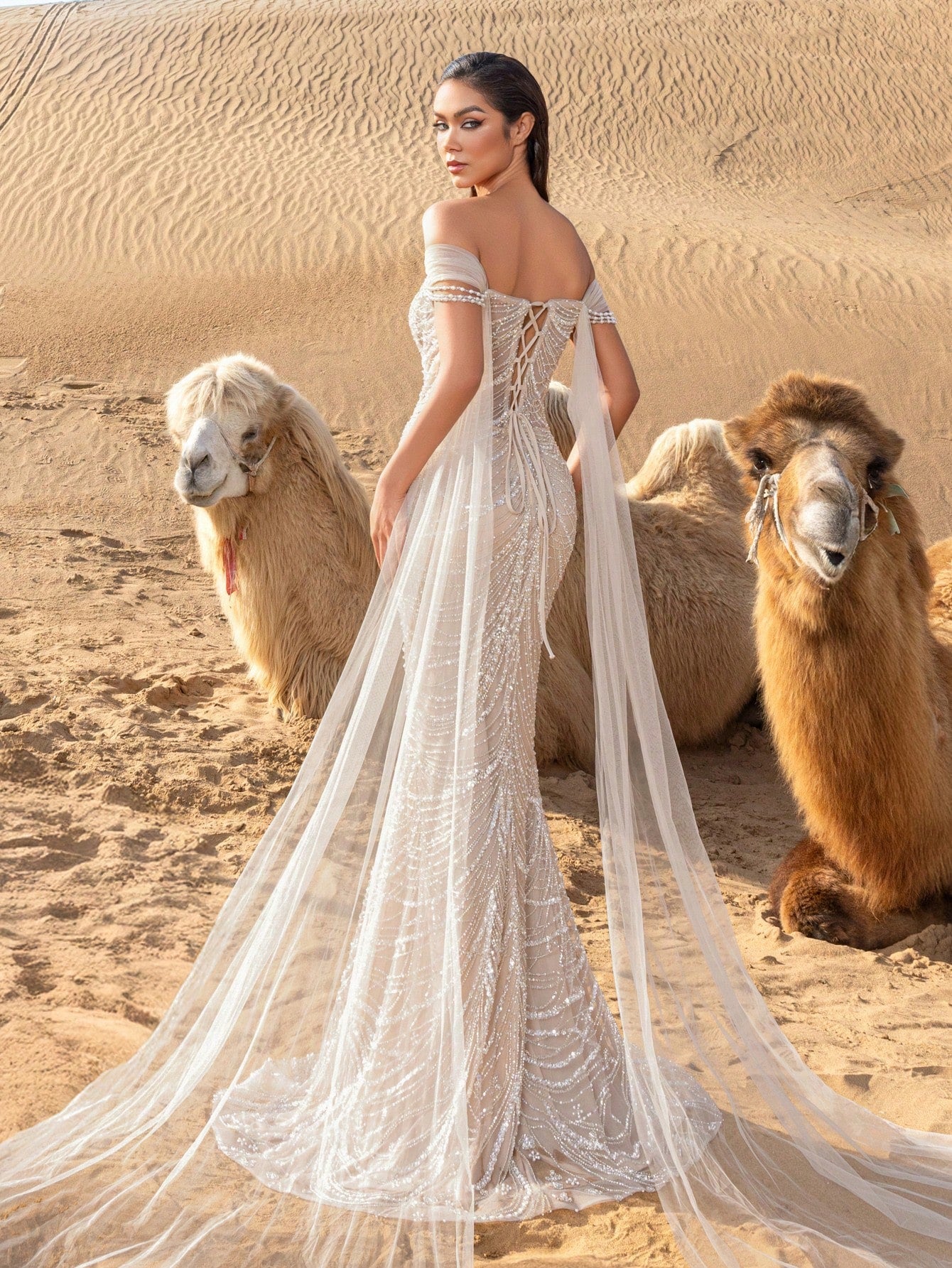 Luxury Off Shoulder Mermaid Hem Beaded Formal Dress & Evening Gown