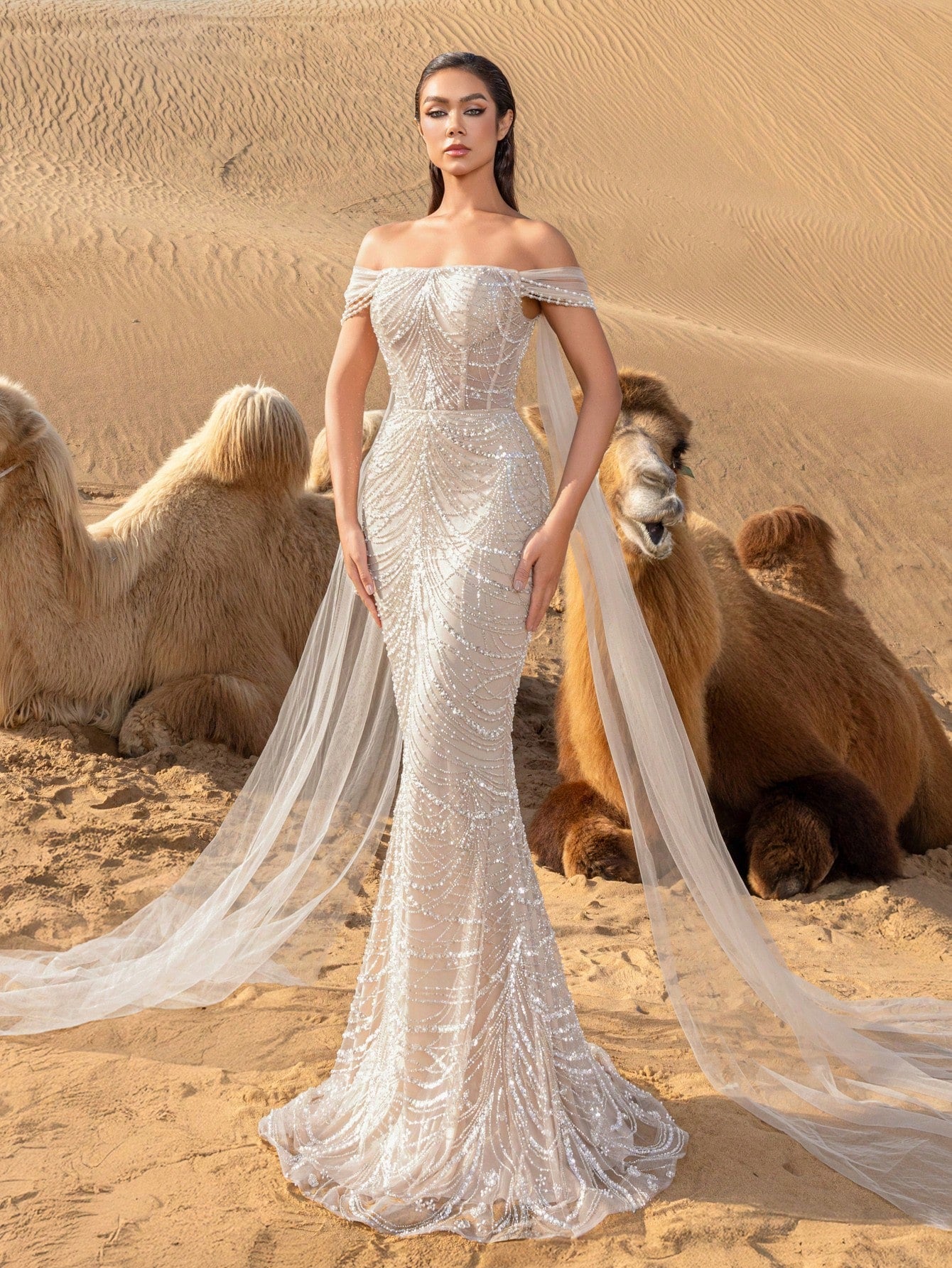 Luxury Off Shoulder Mermaid Hem Beaded Formal Dress & Evening Gown