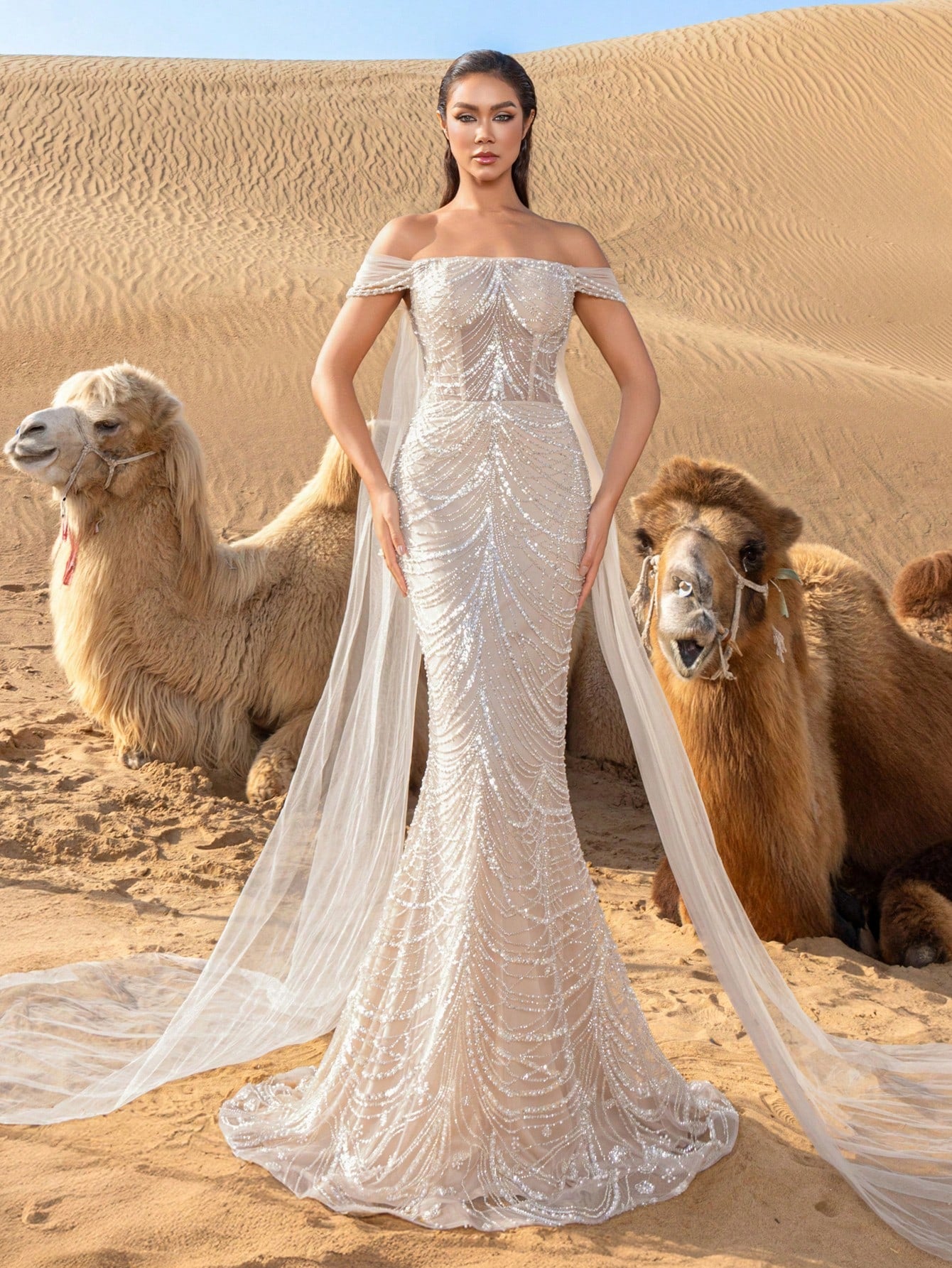 Luxury Off Shoulder Mermaid Hem Beaded Formal Dress & Evening Gown