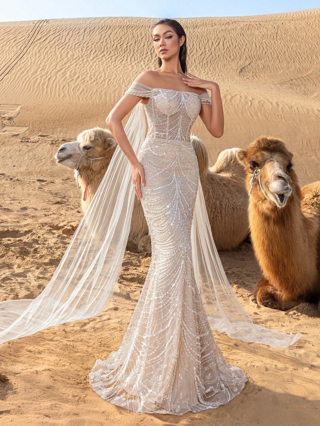 Luxury Off Shoulder Mermaid Hem Beaded Formal Dress & Evening Gown