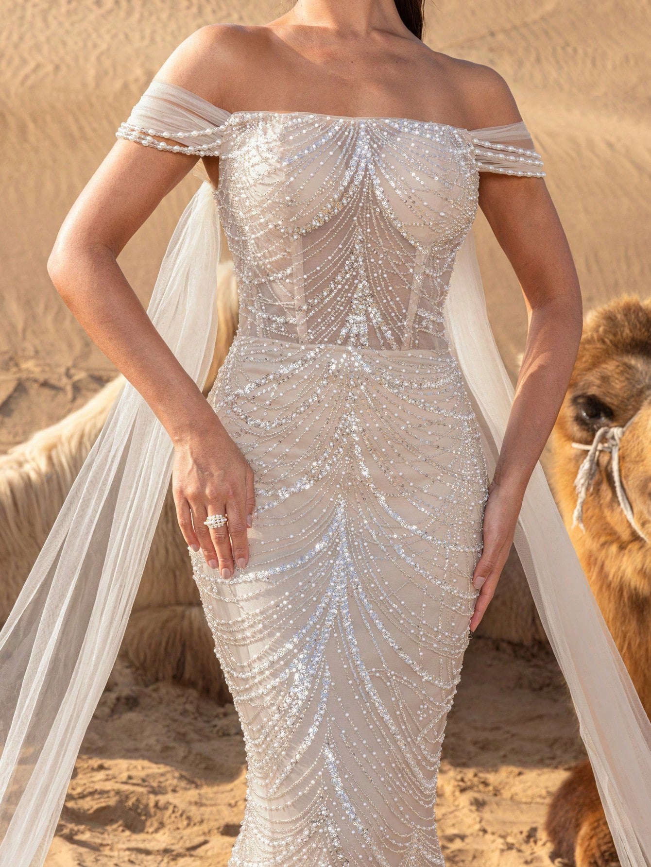 Luxury Off Shoulder Mermaid Hem Beaded Formal Dress & Evening Gown