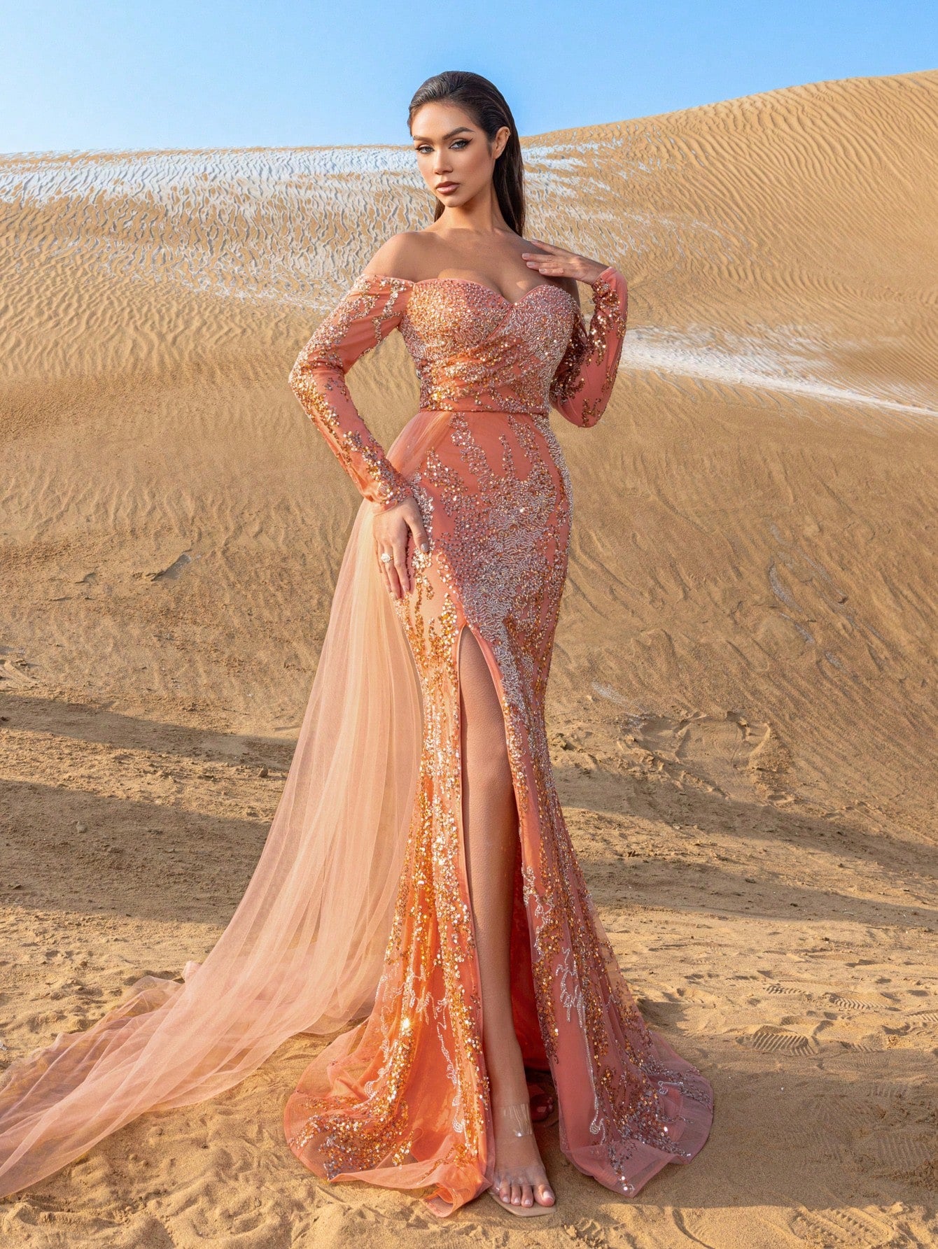 Gorgeous Off Shoulder Split Thigh Beaded Sequin Formal Dresses & Evening Gowns