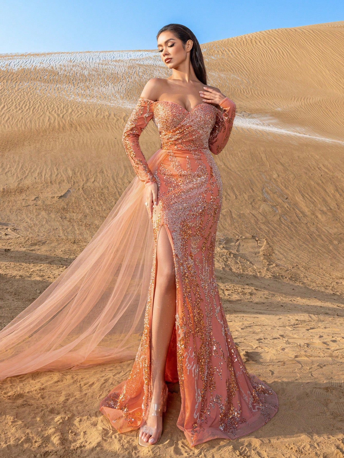 Gorgeous Off Shoulder Split Thigh Beaded Sequin Formal Dresses & Evening Gowns