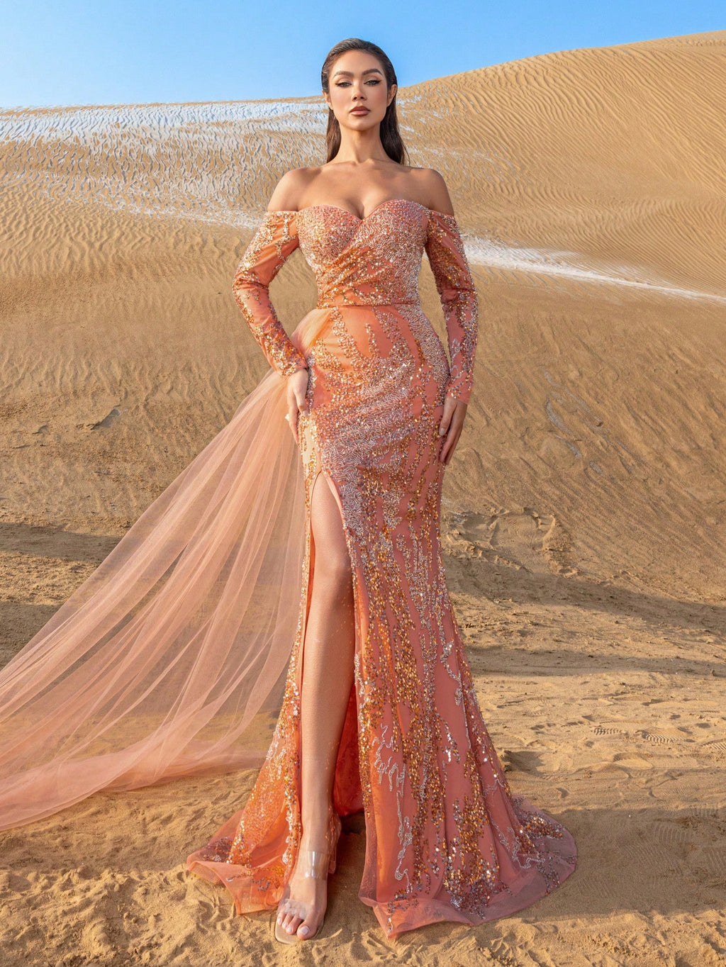 Gorgeous Off Shoulder Split Thigh Beaded Sequin Formal Dresses & Evening Gowns