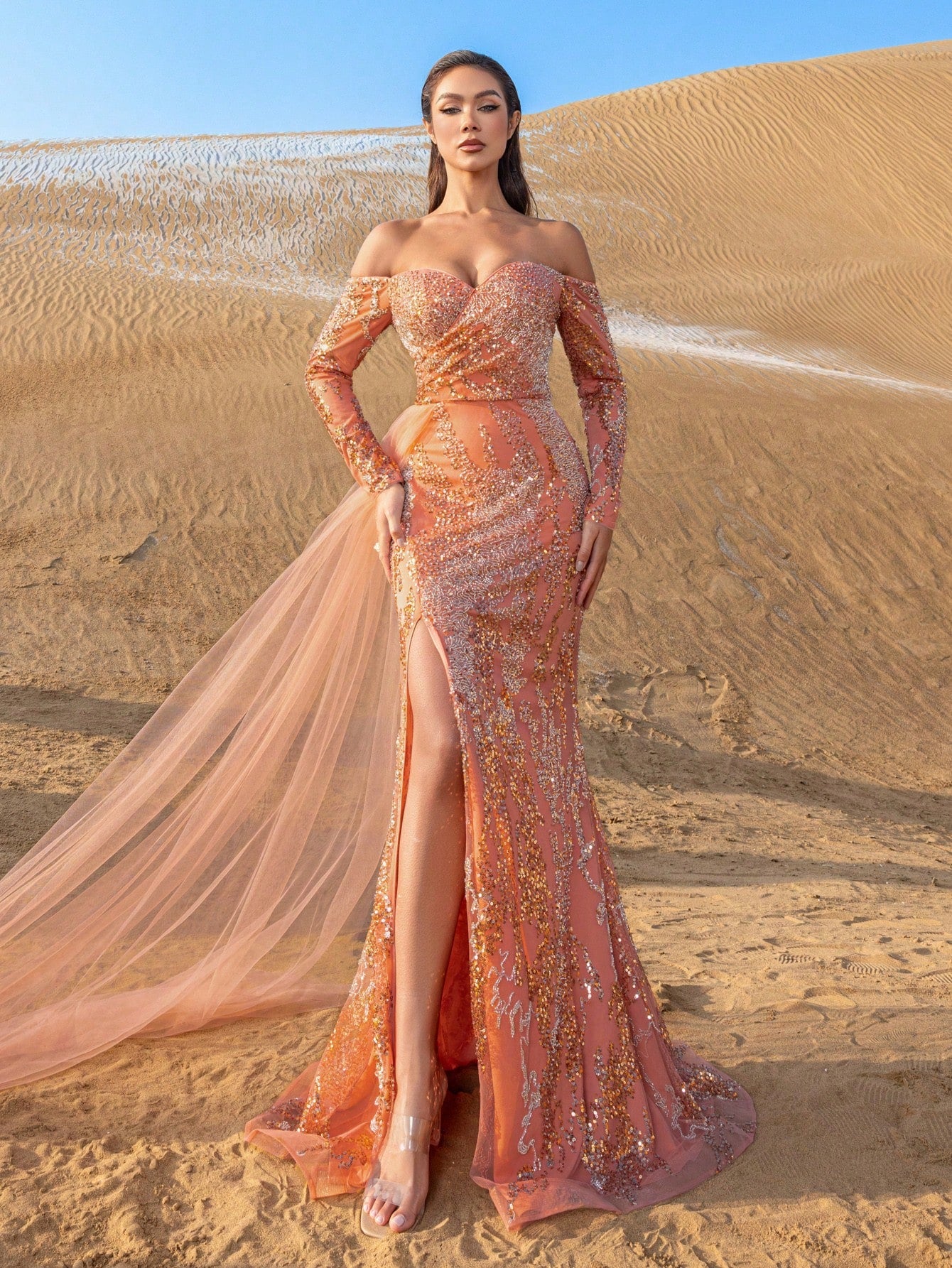 Gorgeous Off Shoulder Split Thigh Beaded Sequin Formal Dresses & Evening Gowns