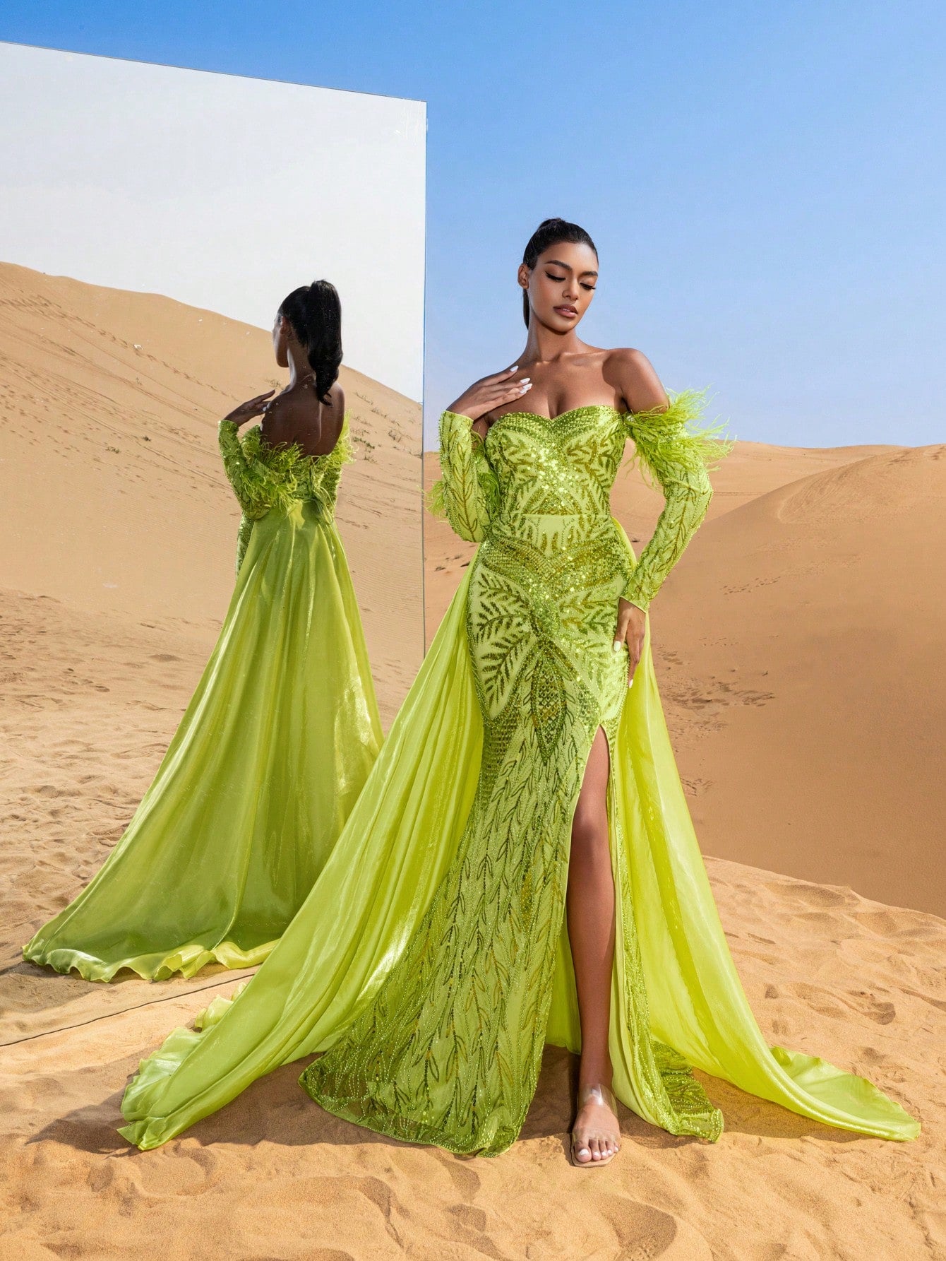 Gorgeous Luxury Off Shoulder Long Sleeve Lace Up Backless Sequin Organza Overlay Beaded Gowns Formal Dresses & Evening Gowns