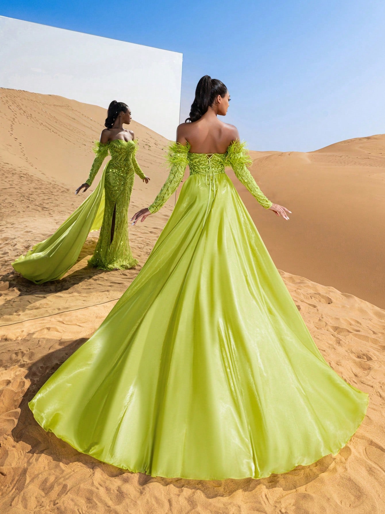 Gorgeous Luxury Off Shoulder Long Sleeve Lace Up Backless Sequin Organza Overlay Beaded Gowns Formal Dresses & Evening Gowns