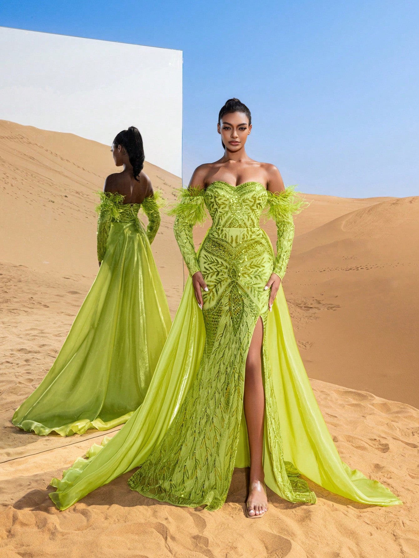 Gorgeous Luxury Off Shoulder Long Sleeve Lace Up Backless Sequin Organza Overlay Beaded Gowns Formal Dresses & Evening Gowns