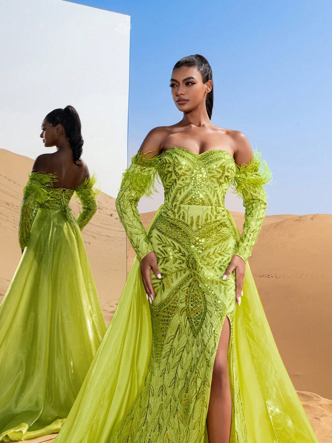 Gorgeous Luxury Off Shoulder Long Sleeve Lace Up Backless Sequin Organza Overlay Beaded Gowns Formal Dresses & Evening Gowns