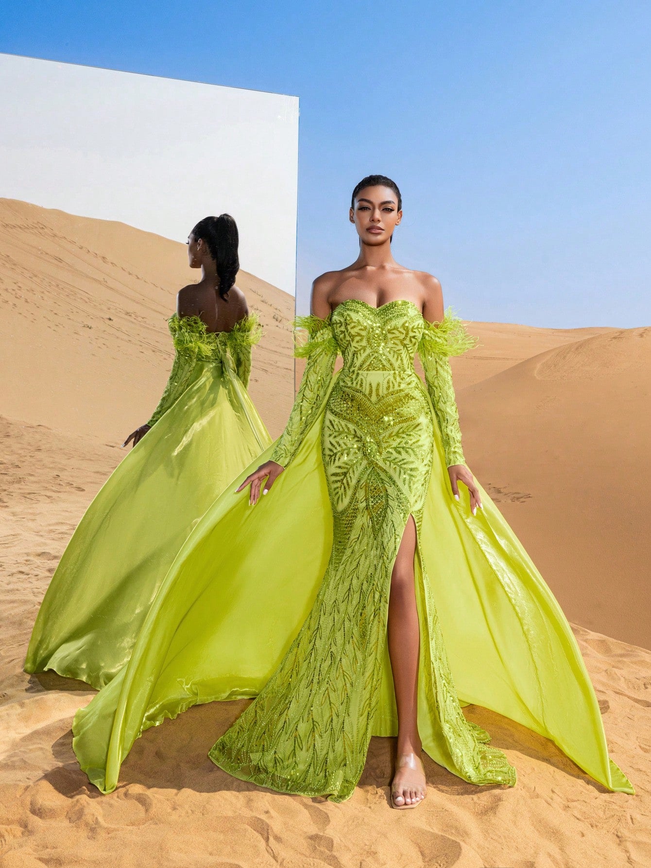 Gorgeous Luxury Off Shoulder Long Sleeve Lace Up Backless Sequin Organza Overlay Beaded Gowns Formal Dresses & Evening Gowns