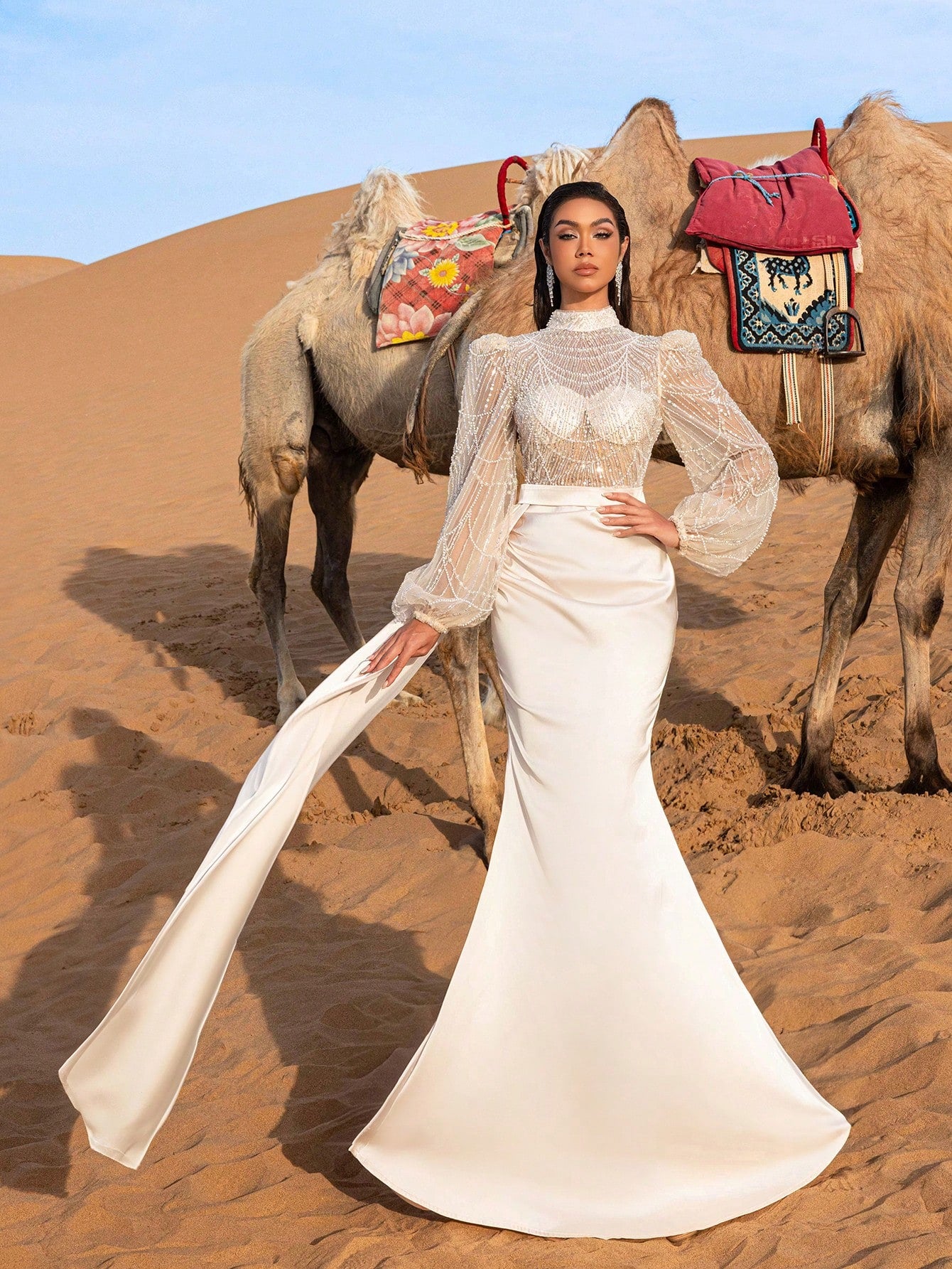 Gorgeous Elegant Stand Collar Long Sleeves Standard Shoulder Beaded Bodice Mermaid Hem Formal Party Dress&Evening Dress