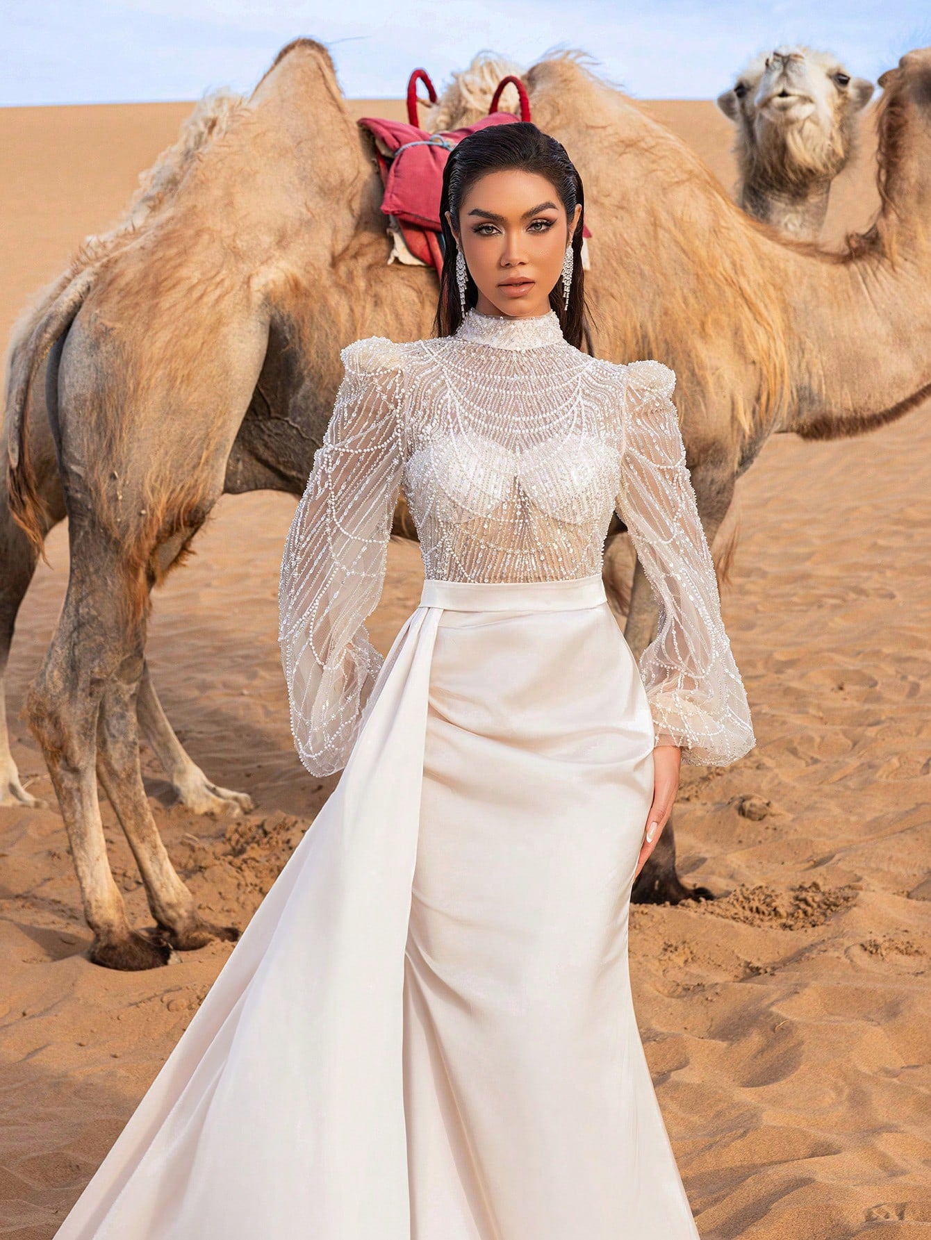 Gorgeous Elegant Stand Collar Long Sleeves Standard Shoulder Beaded Bodice Mermaid Hem Formal Party Dress&Evening Dress