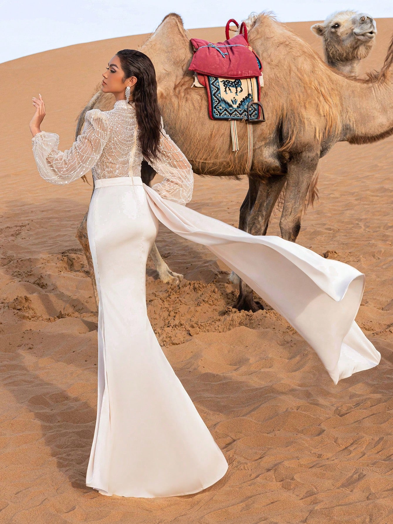 Gorgeous Elegant Stand Collar Long Sleeves Standard Shoulder Beaded Bodice Mermaid Hem Formal Party Dress&Evening Dress